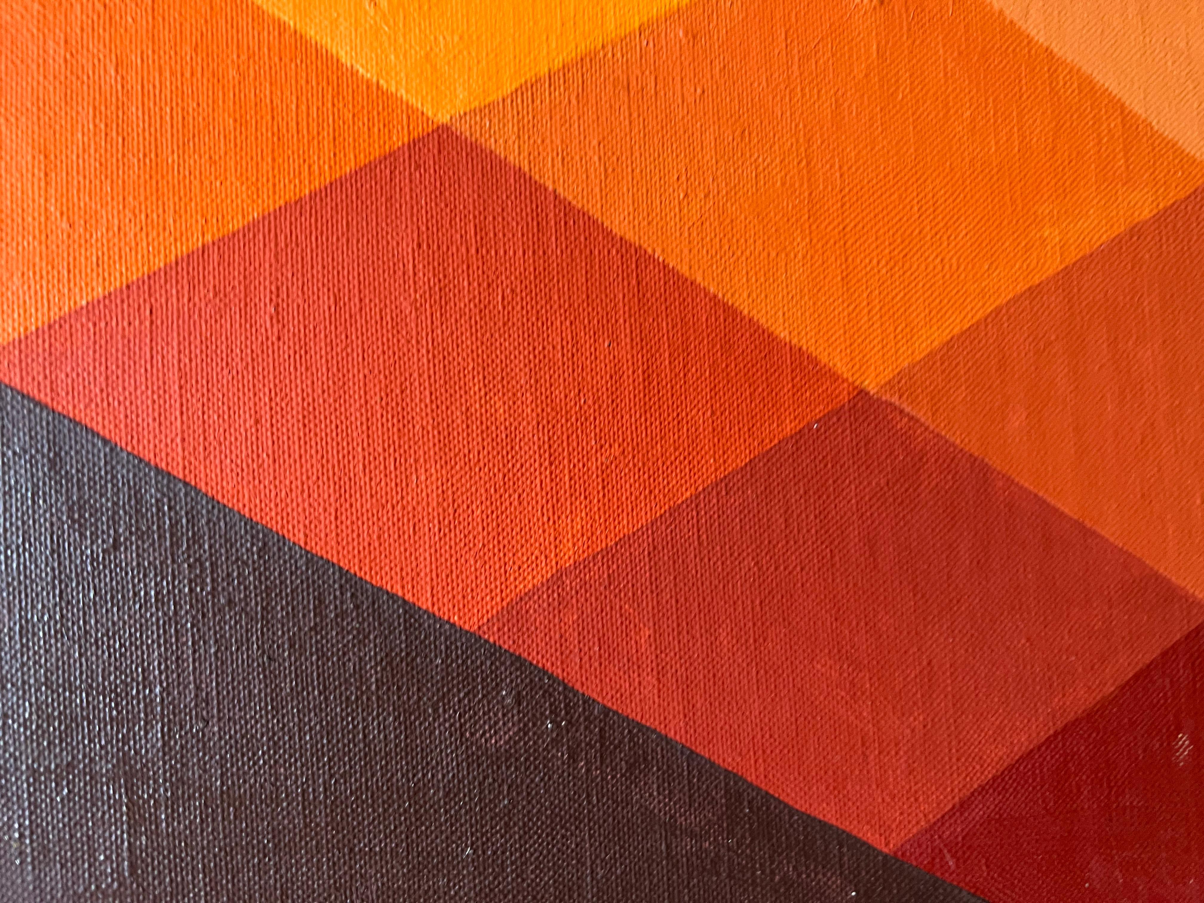 1968 Abstraktes geometrisches Gemälde Sechs Dimensionen von Orange (Braun), Abstract Painting, von Benjamin Frazier Cunningham
