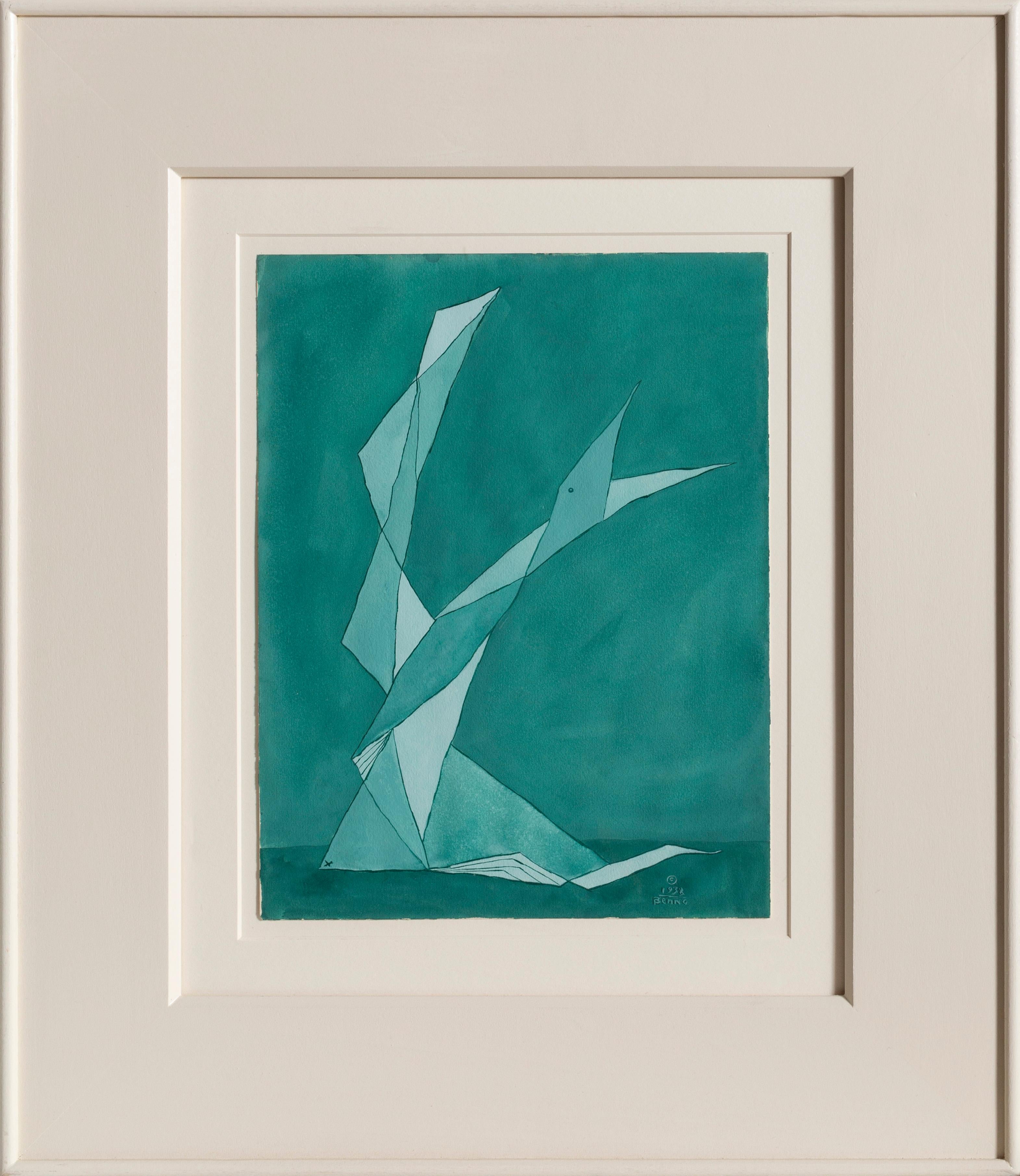 Benjamin G. Benno Abstract Painting - A Bird of Sea and Land, Abstract Gouache Painting by Benjamin Benno