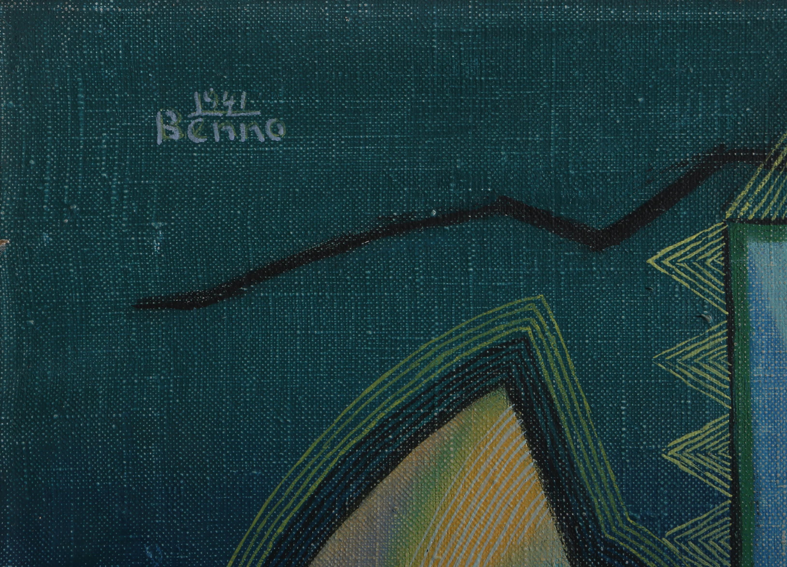 Un charme contre tous les maux, peinture cubiste moderne de Benjamin Benno 1941 - Bleu Interior Painting par Benjamin G. Benno