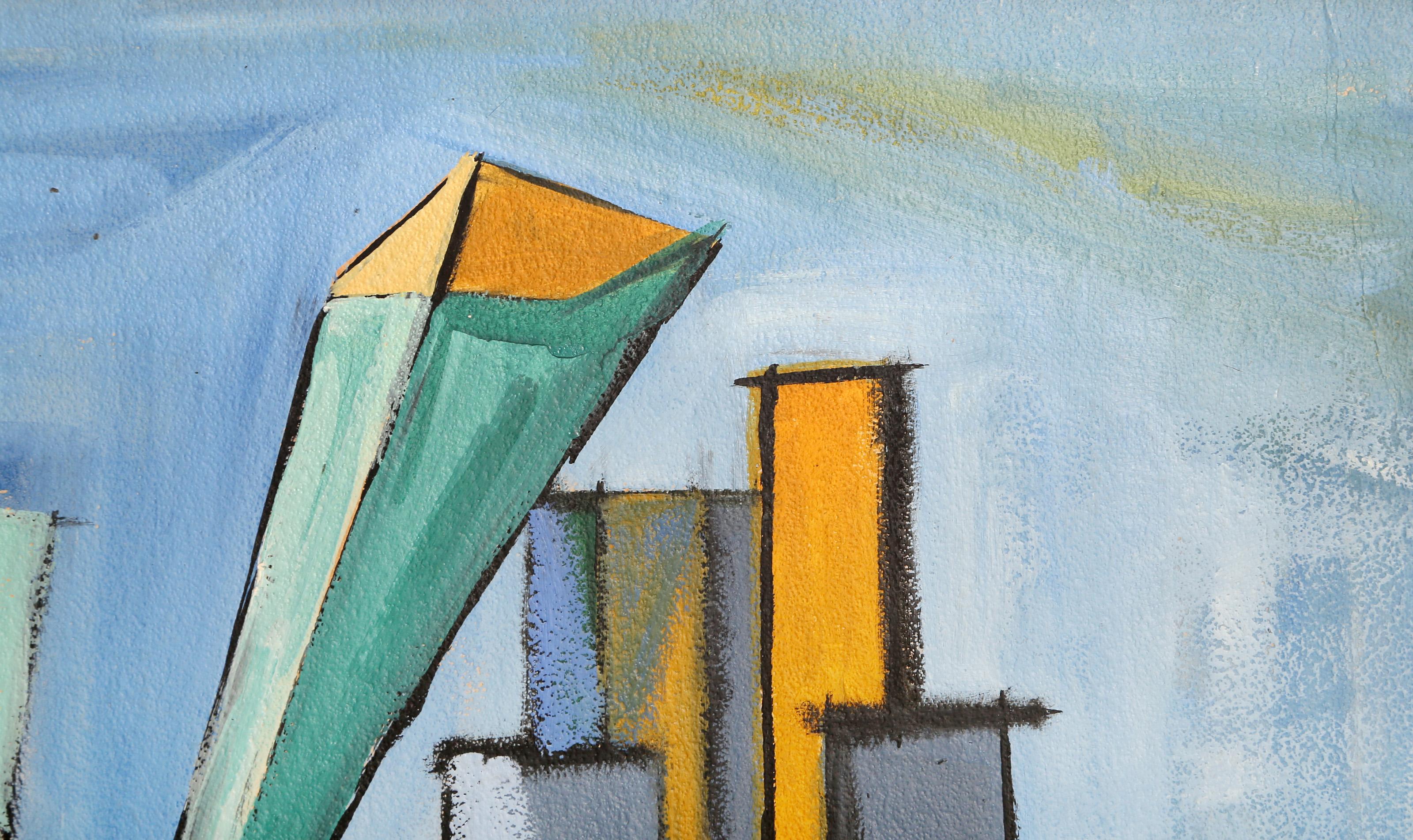 Abstracted Cityscape, Cubist Painting on Board by Benjamin Benno - Gray Abstract Painting by Benjamin G. Benno
