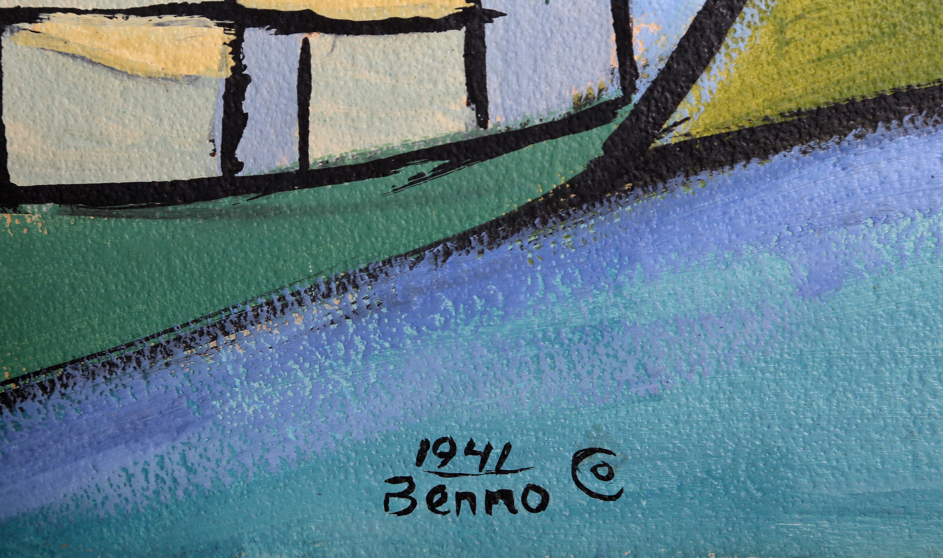Benjamin Benno was a British-born American artist, best known for his Cubist and abstract works. This artwork is signed and dated.

Abstracted Cityscape
Benjamin Benno, American (1901–1980)
Date: 1941
Gouache on board, signed lower left
Size: 17 x