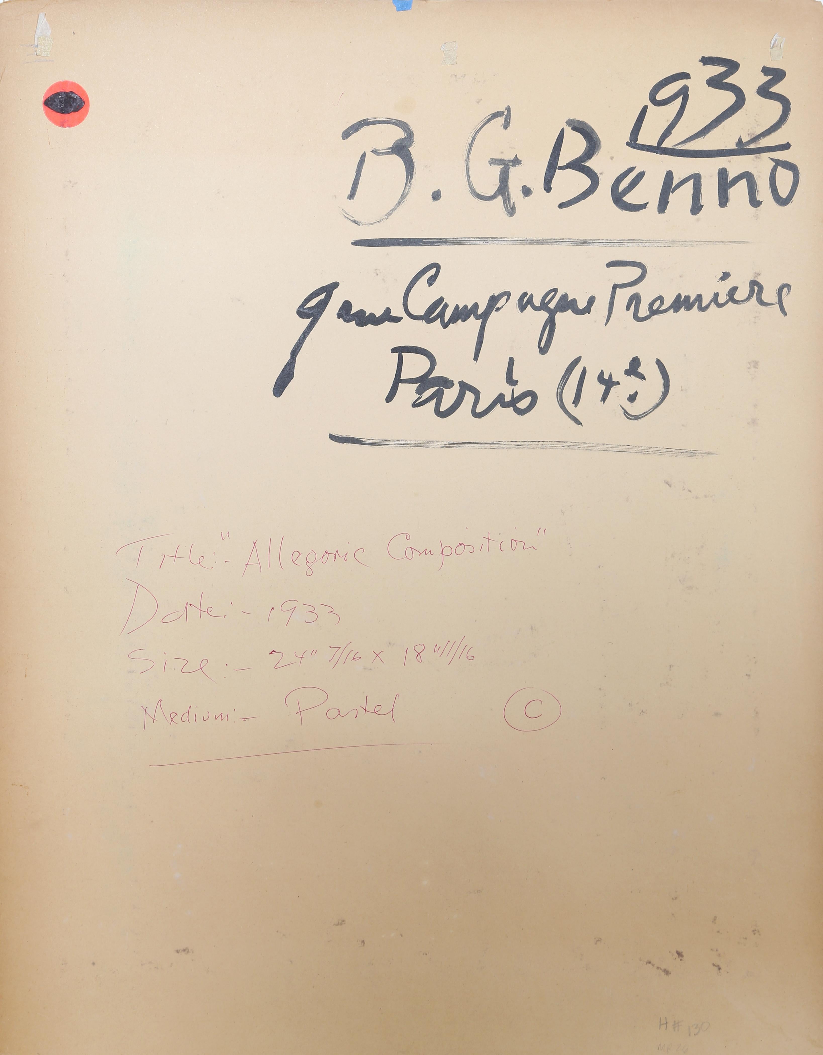 Benjamin Bennon arbeitete vor allem in der kubistischen Tradition, indem er die Figuren seiner Sujets dehnte und zerbrach, um neue Ansätze für ihre Bedeutung und Interpretation zu finden. Im Gewirr der halbierenden Schnitte und Looping-Linien