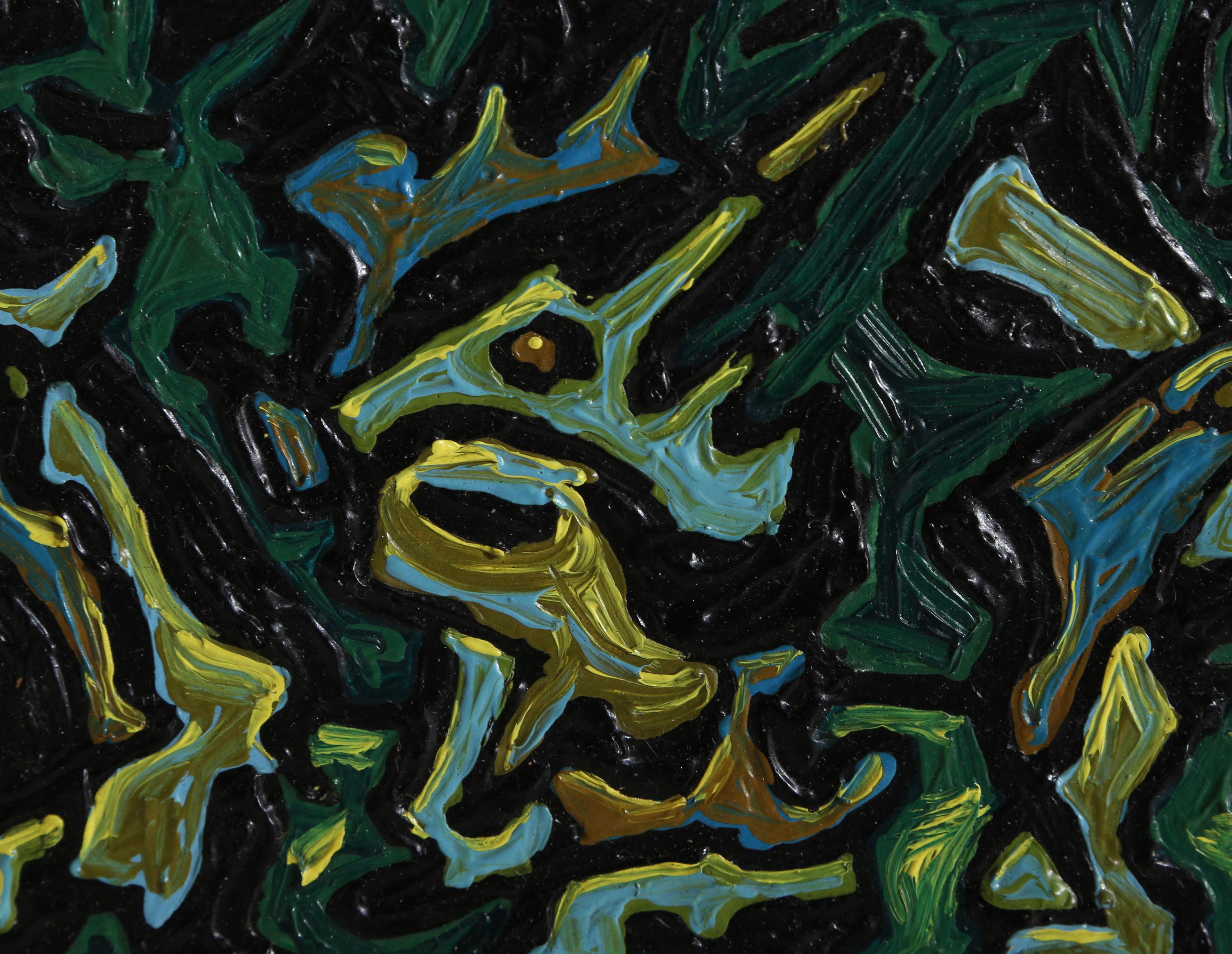 Set against a deep green background of layered paint and wavy lines, Benjamin Benno’s textured composition features an array of unidentifiable figures of varying sizes and shapes. This dimensional abstract work exemplifies the artist’s avant-garde
