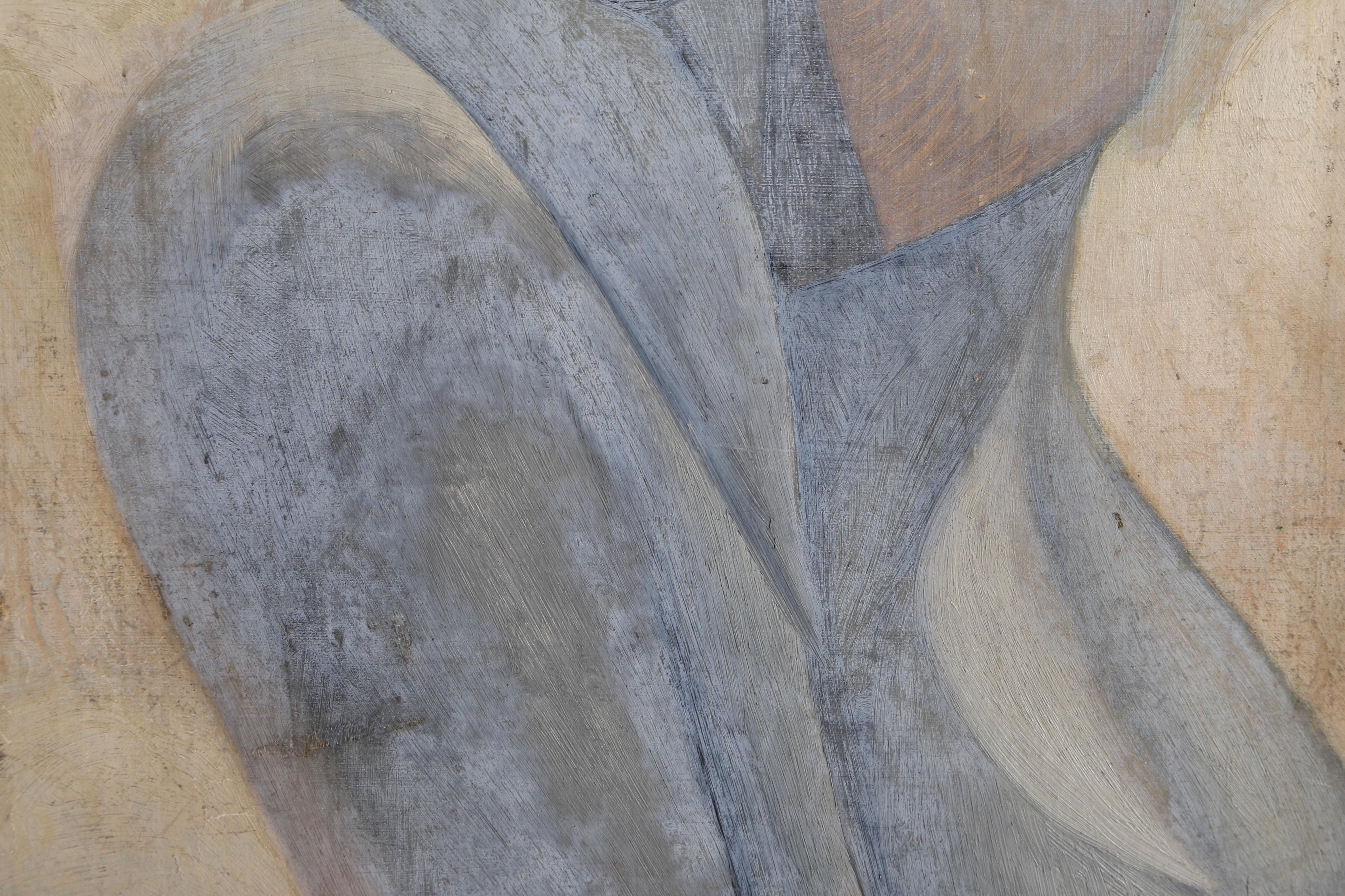 Figur in Grau, abstraktes Ölgemälde auf Sackleinen von Benjamin Benno, Figur (Surrealismus), Painting, von Benjamin G. Benno