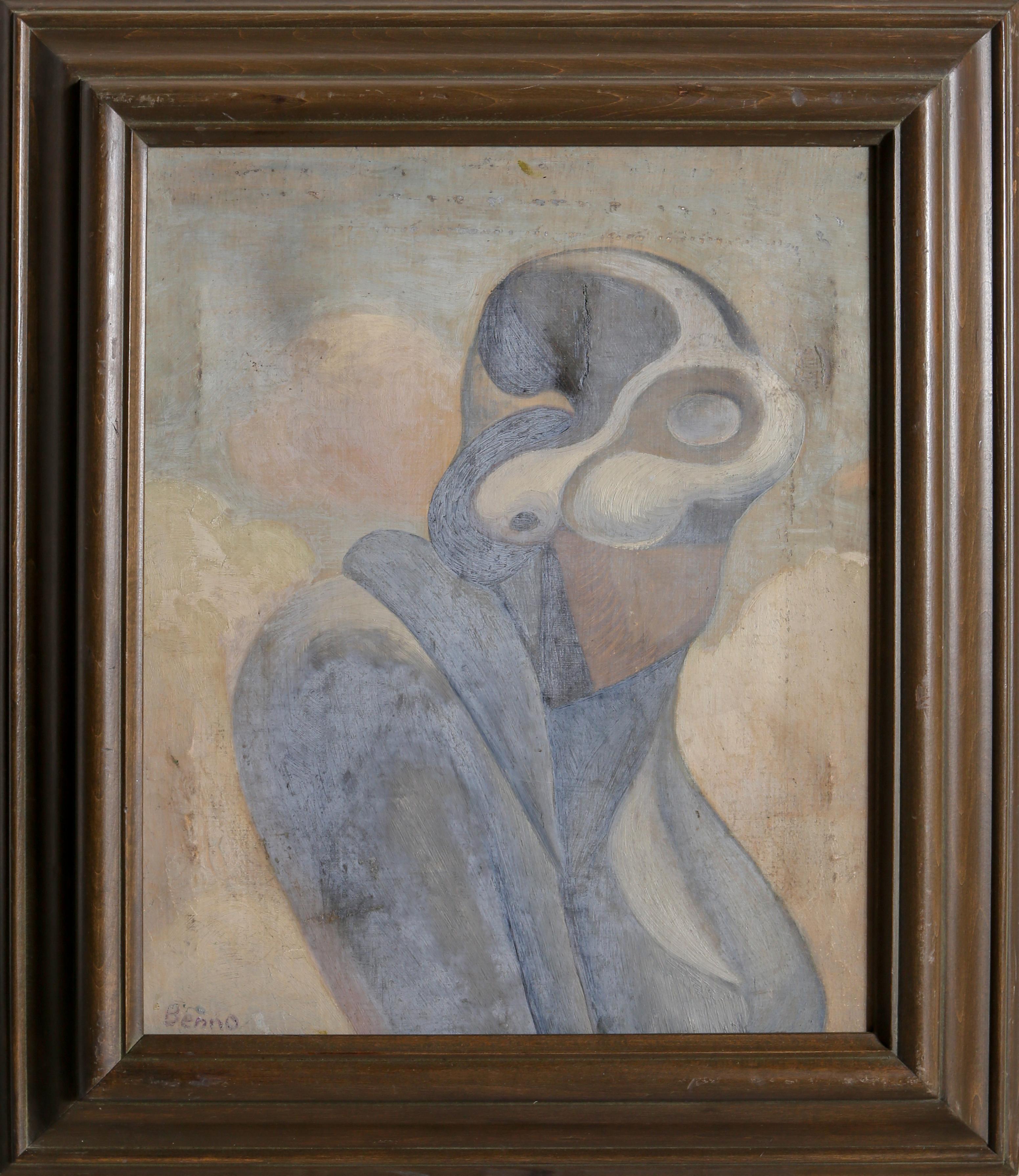 Benjamin G. Benno Abstract Painting – Figur in Grau, abstraktes Ölgemälde auf Sackleinen von Benjamin Benno, Figur