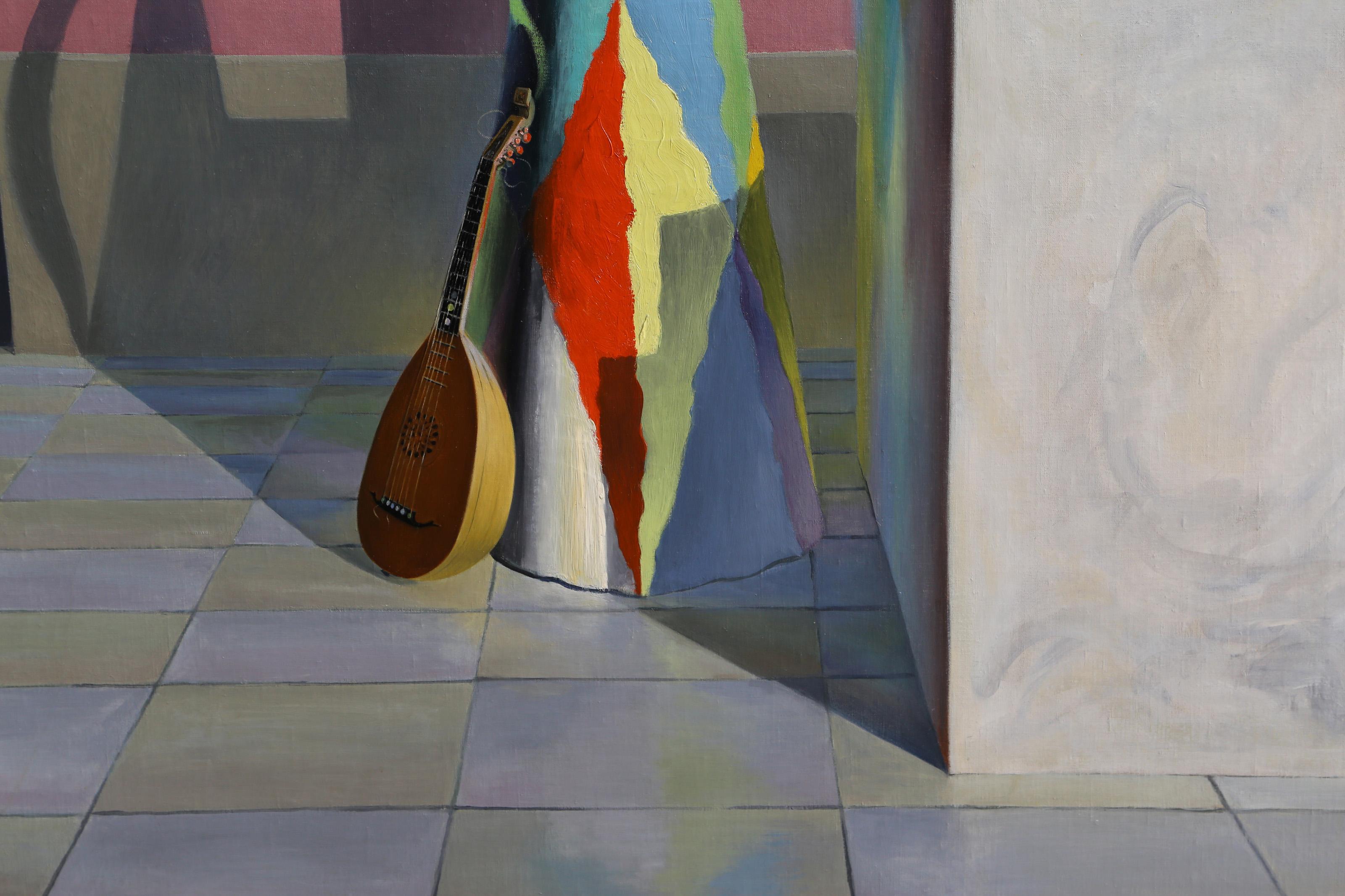 Casting a silhouette against the washed red wall of the building, the figure with a conical gently holds a mandolin while it stares up at the open window above.

L’Episoir
Benjamin Benno, American (1901–1980)
Date: 1934
Oil on canvas, signed and