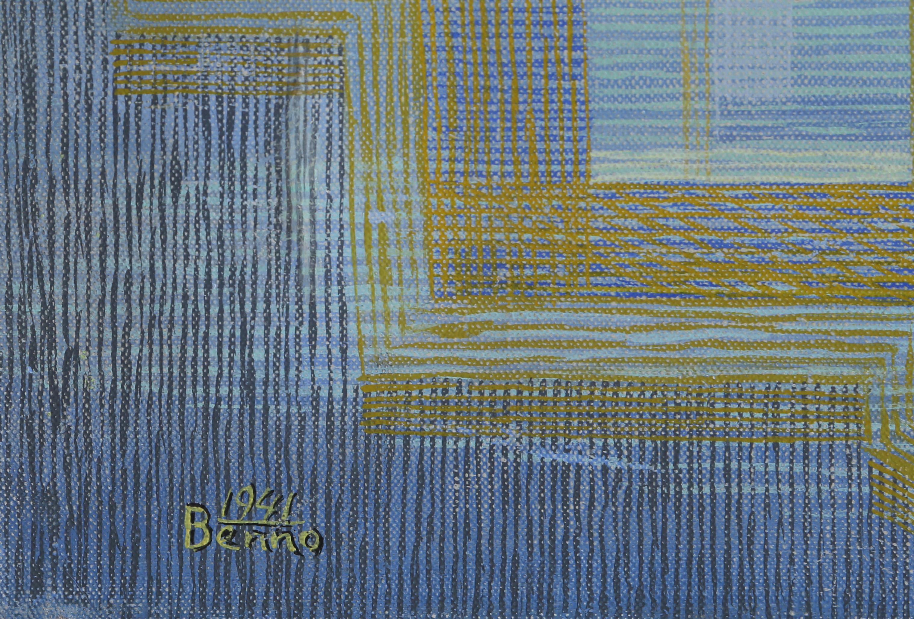 Gratte-ciel, peinture moderne de Benjamin Benno 1941 - Bleu Landscape Painting par Benjamin G. Benno