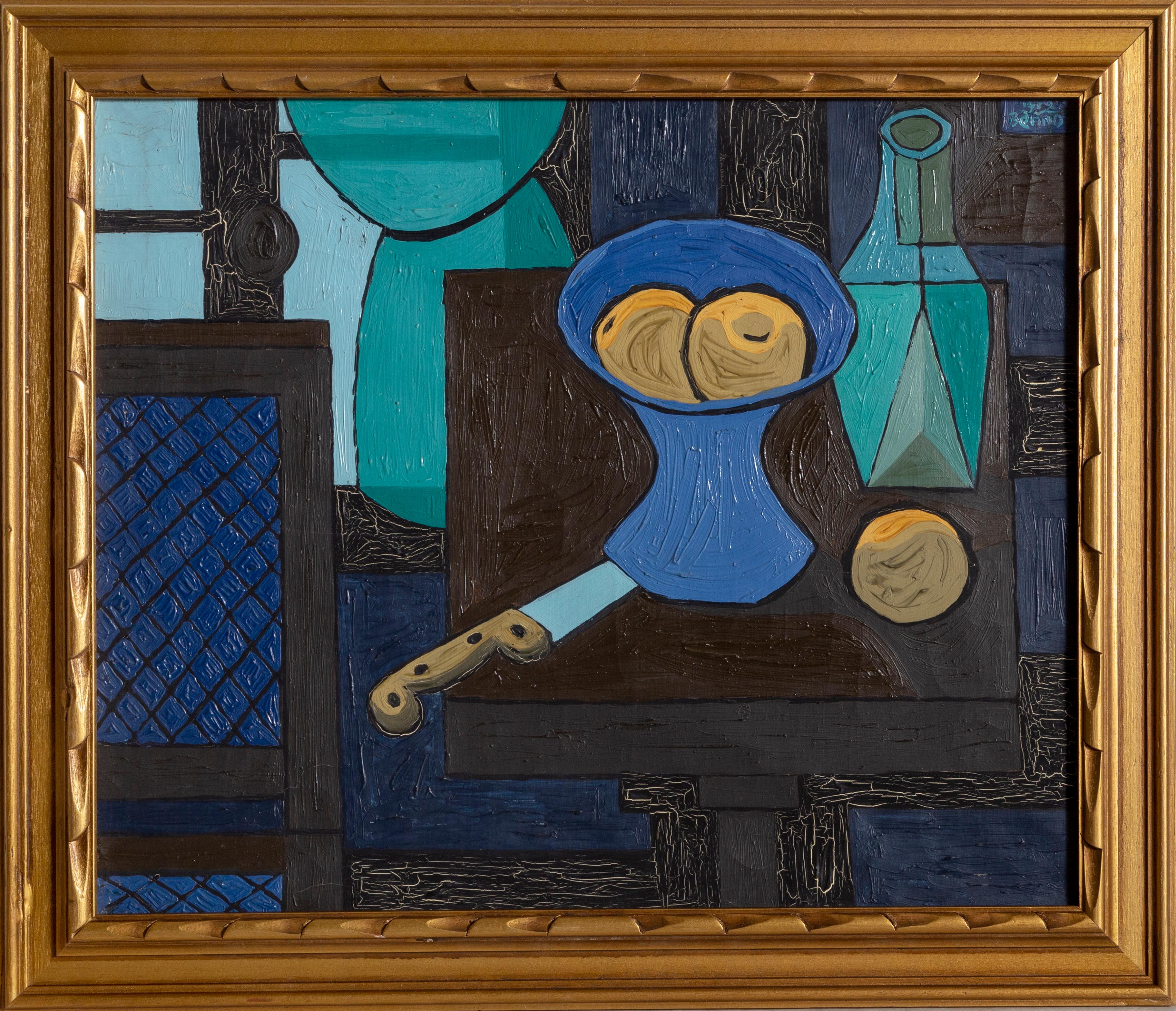 Benjamin G. Benno Still-Life Painting - Still Life with Fruit and Knife, Modern Cubist Painting by Benjamin Benno 1939