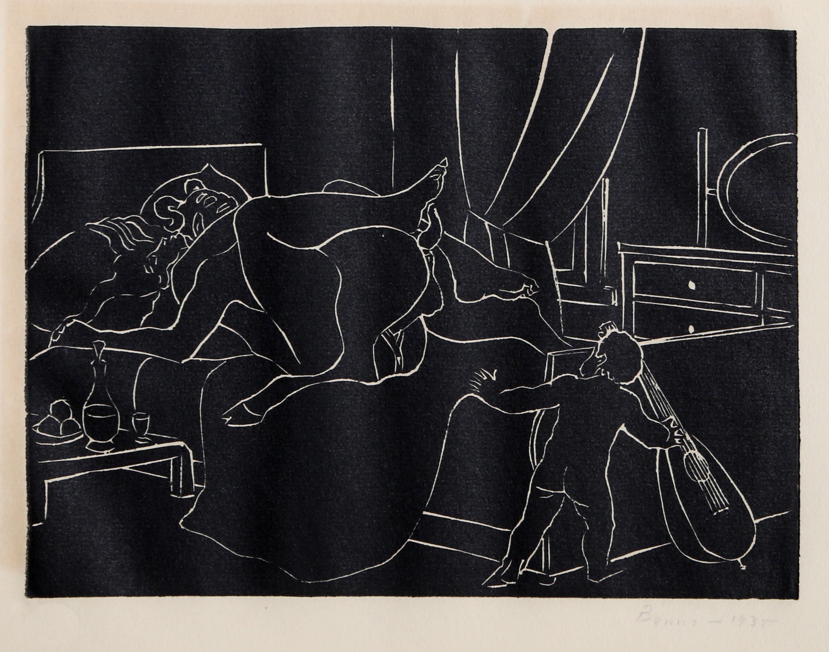 Benjamin G. Benno Figurative Print – Satyr, Nymph und Amor (Tropic of Cancer), Linocut von Benno 1935