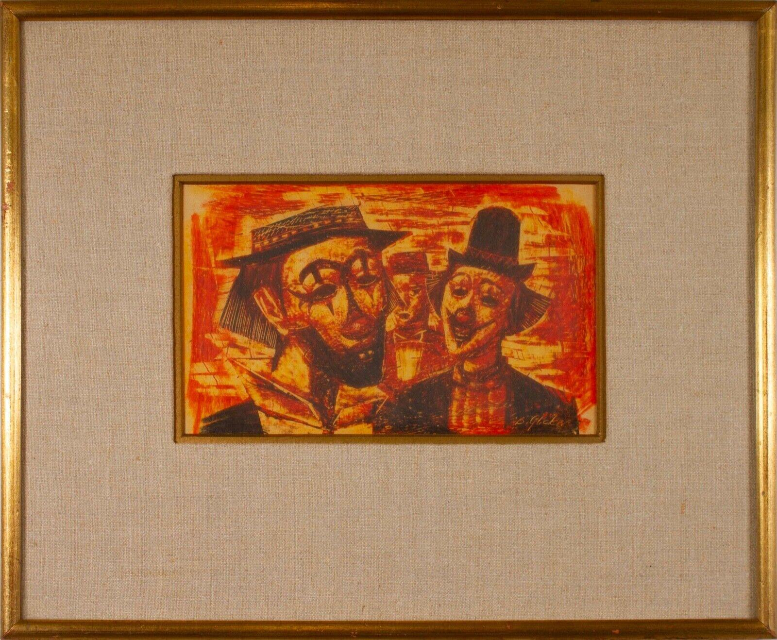 An expressive mid-century modern mixed media color graphite drawing on paper depicting a two clowns by Michigan based artist Benjamin Glicker. Signed bottom right. Circa 1960s. Benjamin Glicker was an influential teacher in Michigan throughout the