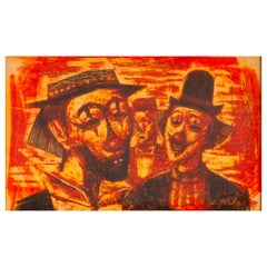 Benjamin Glicker, signierte Mid-Century-Modern-Zeichnung mit 2 Clowns, gerahmt, 60er Jahre