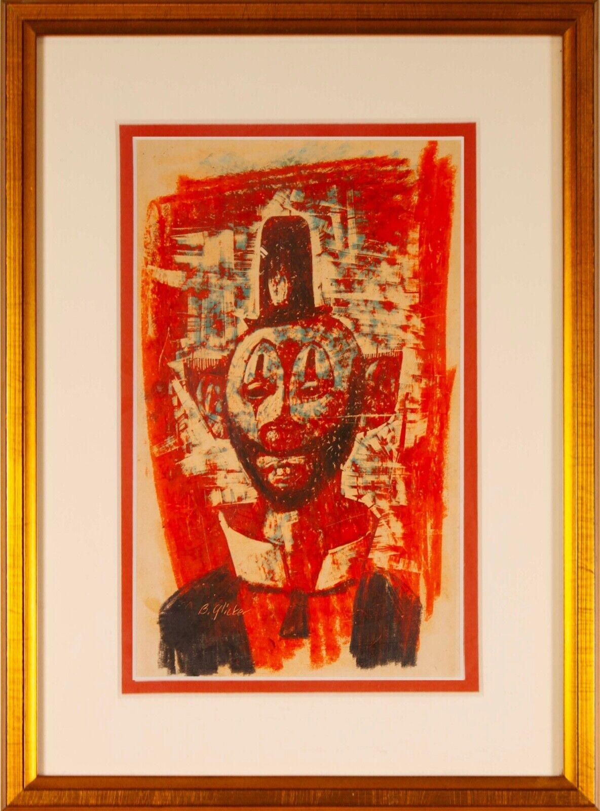 An expressive mid-century modern mixed media color graphite drawing on paper depicting a portrait of a clown by Michigan based artist Benjamin Glicker. Signed bottom right. Circa 1960s. Benjamin Glicker was an influential teacher in Michigan