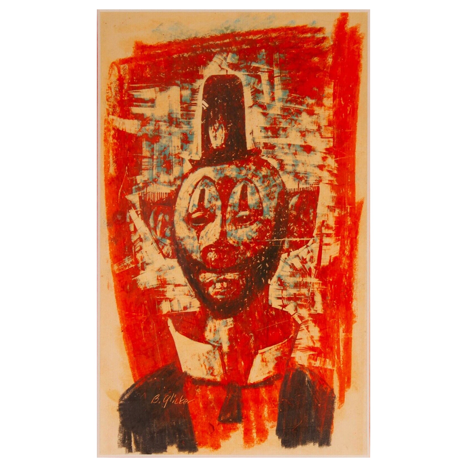 Benjamin Glicker, signierte Clown-Porträtzeichnung auf Papierrahmen, Moderne der Mitte des Jahrhunderts im Angebot
