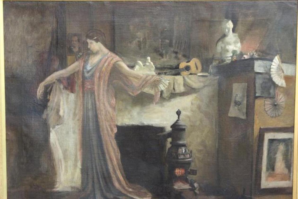  Woman posing in artist studio interior with antique objects - Brown Figurative Painting by Benjamin Henry Day, Jr.