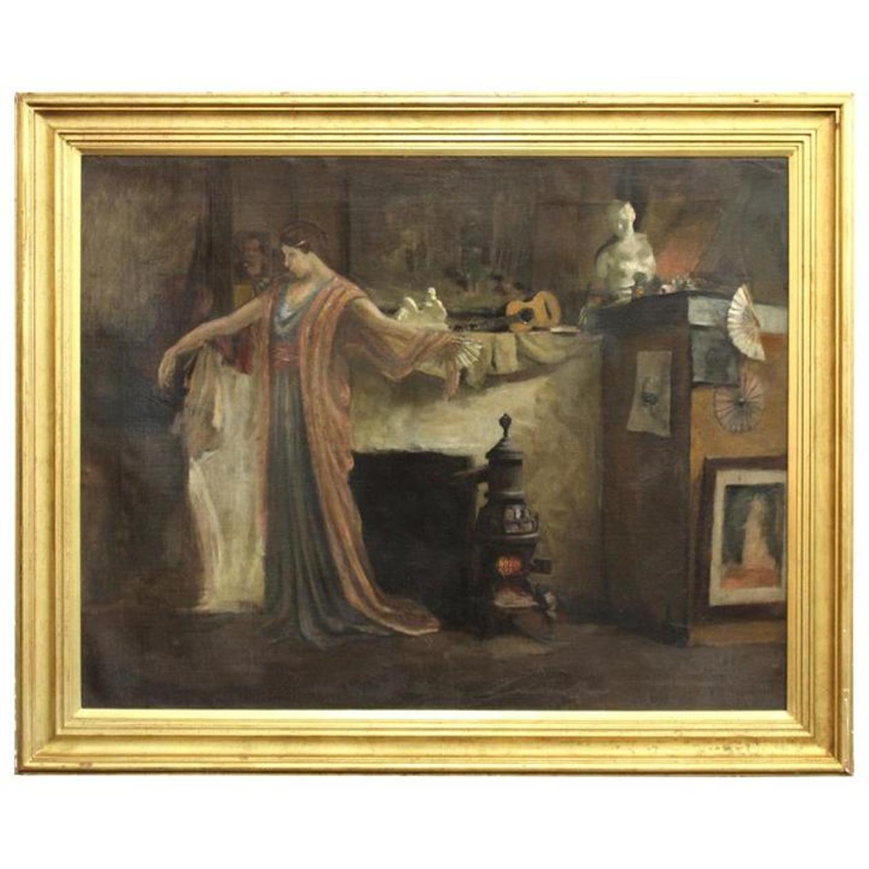 Benjamin Henry Day, Jr. Figurative Painting -  Woman posing in artist studio interior with antique objects