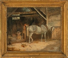 A carriage horse, in a blacksmiths with a farrier