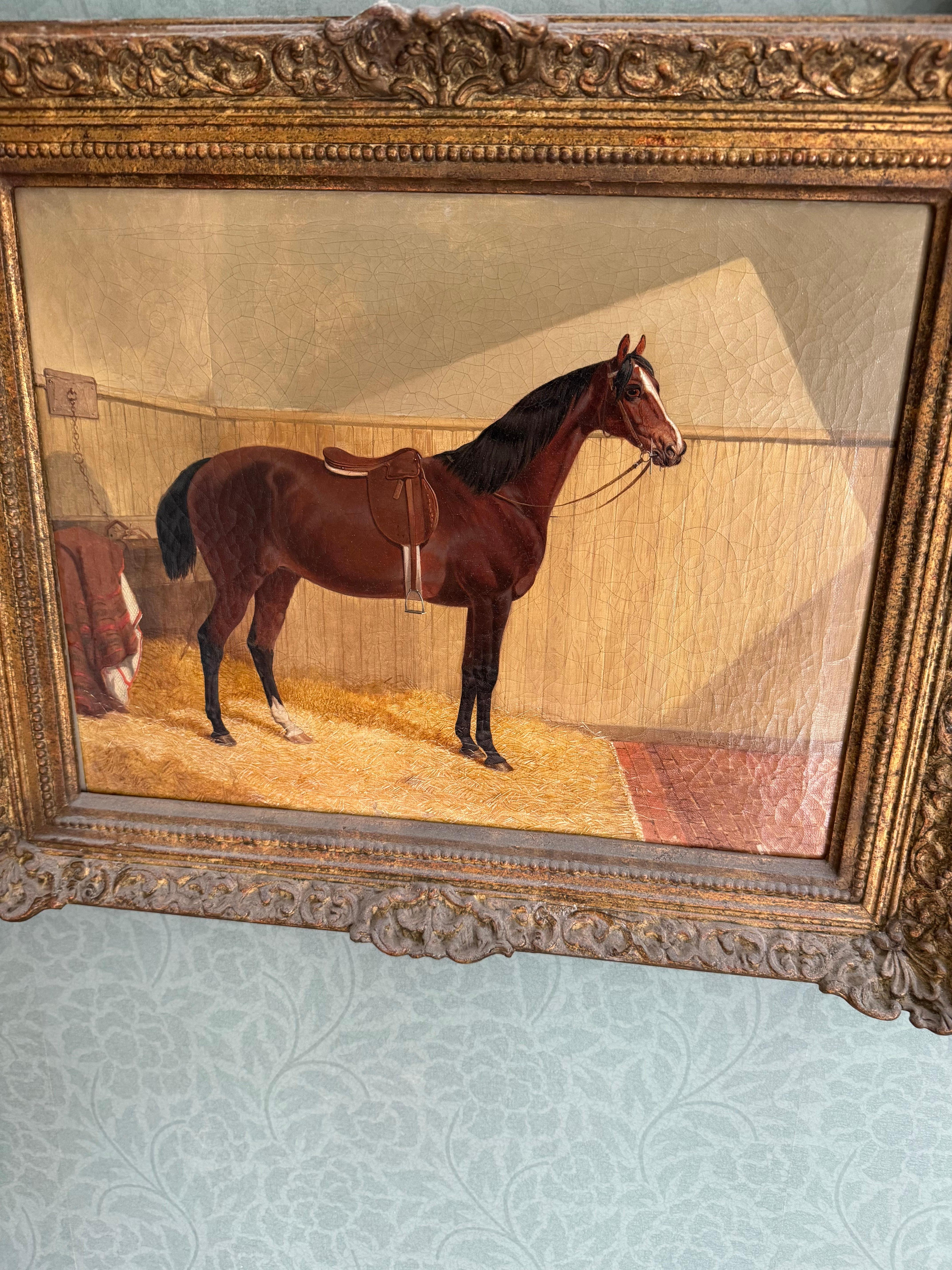 Cavallo da caccia baio sellato Olio su tela inglese 1863 - Painting di Benjamin Herring Snr
