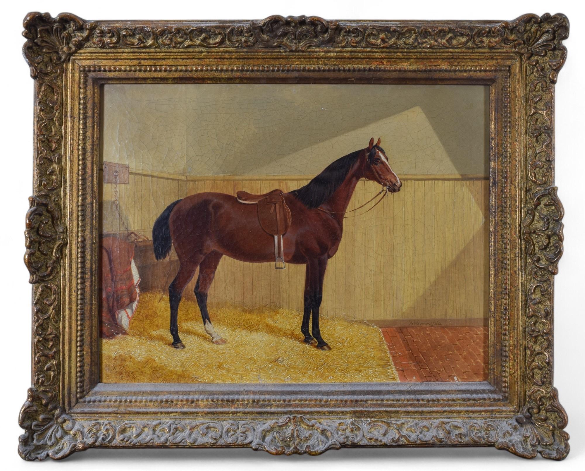 Portrait Painting di Benjamin Herring Snr - Cavallo da caccia baio sellato Olio su tela inglese 1863