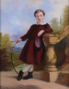 Antique Oil on Canvas Framed Painting: 'A Boy with a Hoop'