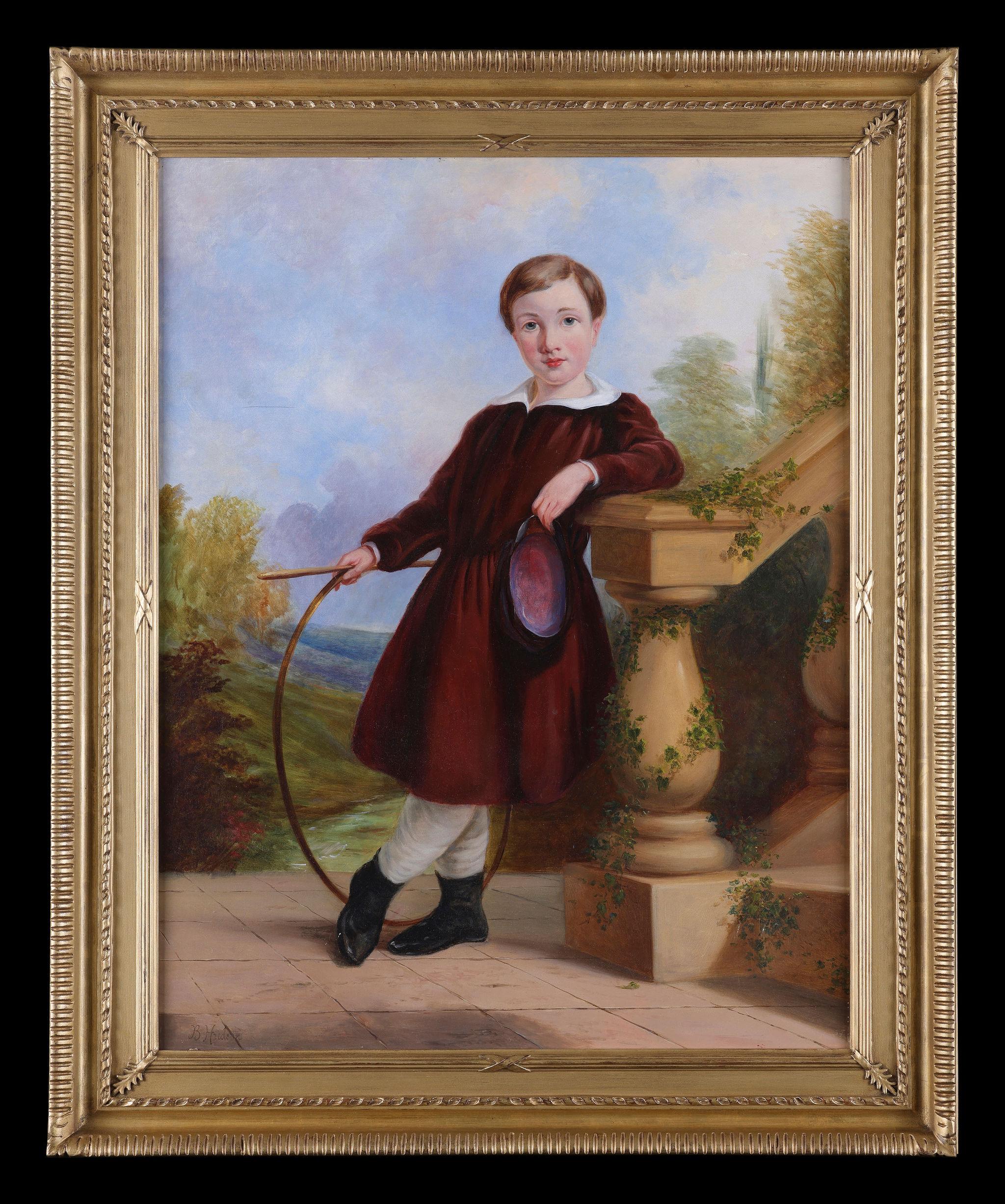 Antique Oil on Canvas Framed Painting: 'A Boy with a Hoop'