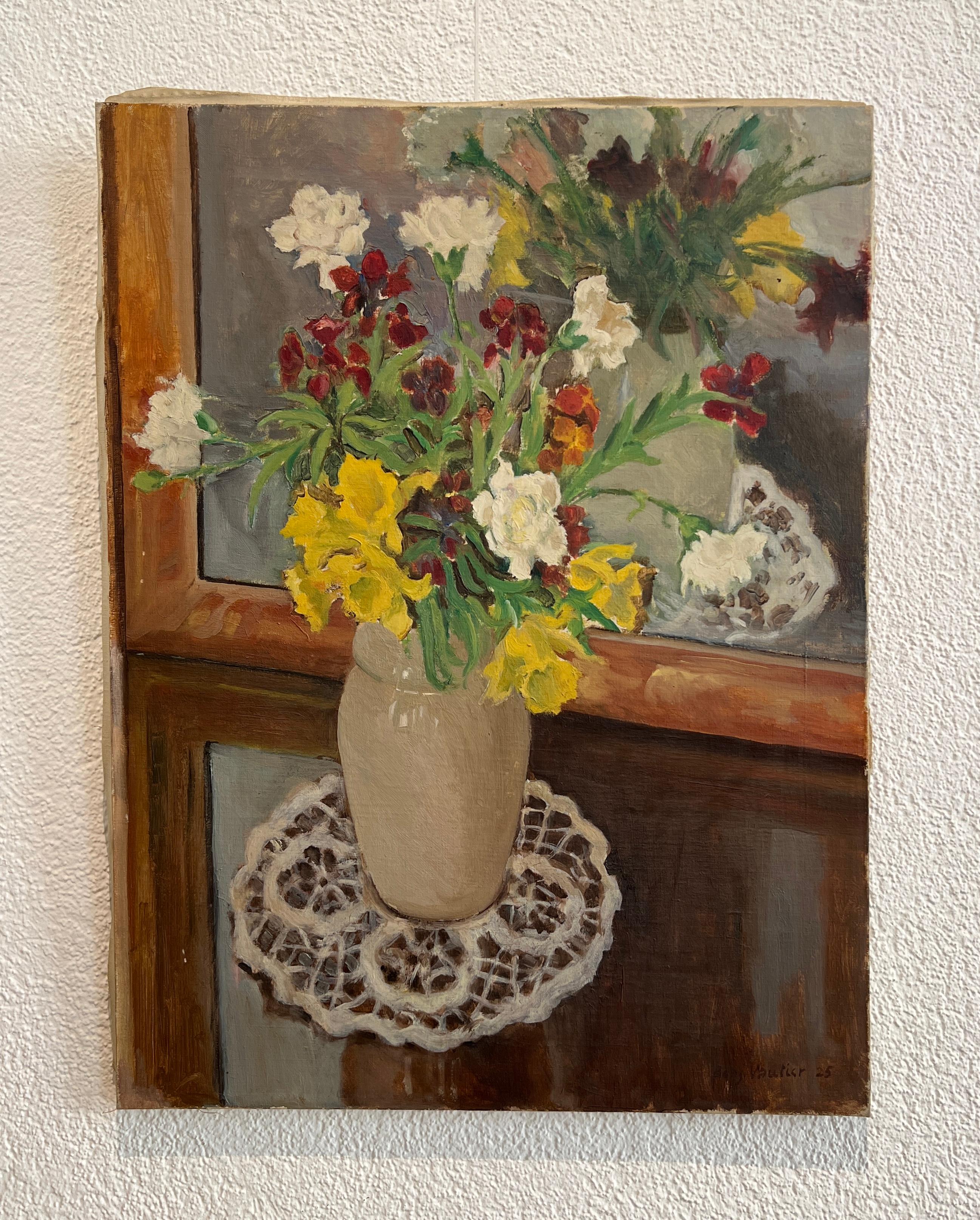 Ramo de flores sobre una blonda - Painting de Benjamin II Vautier