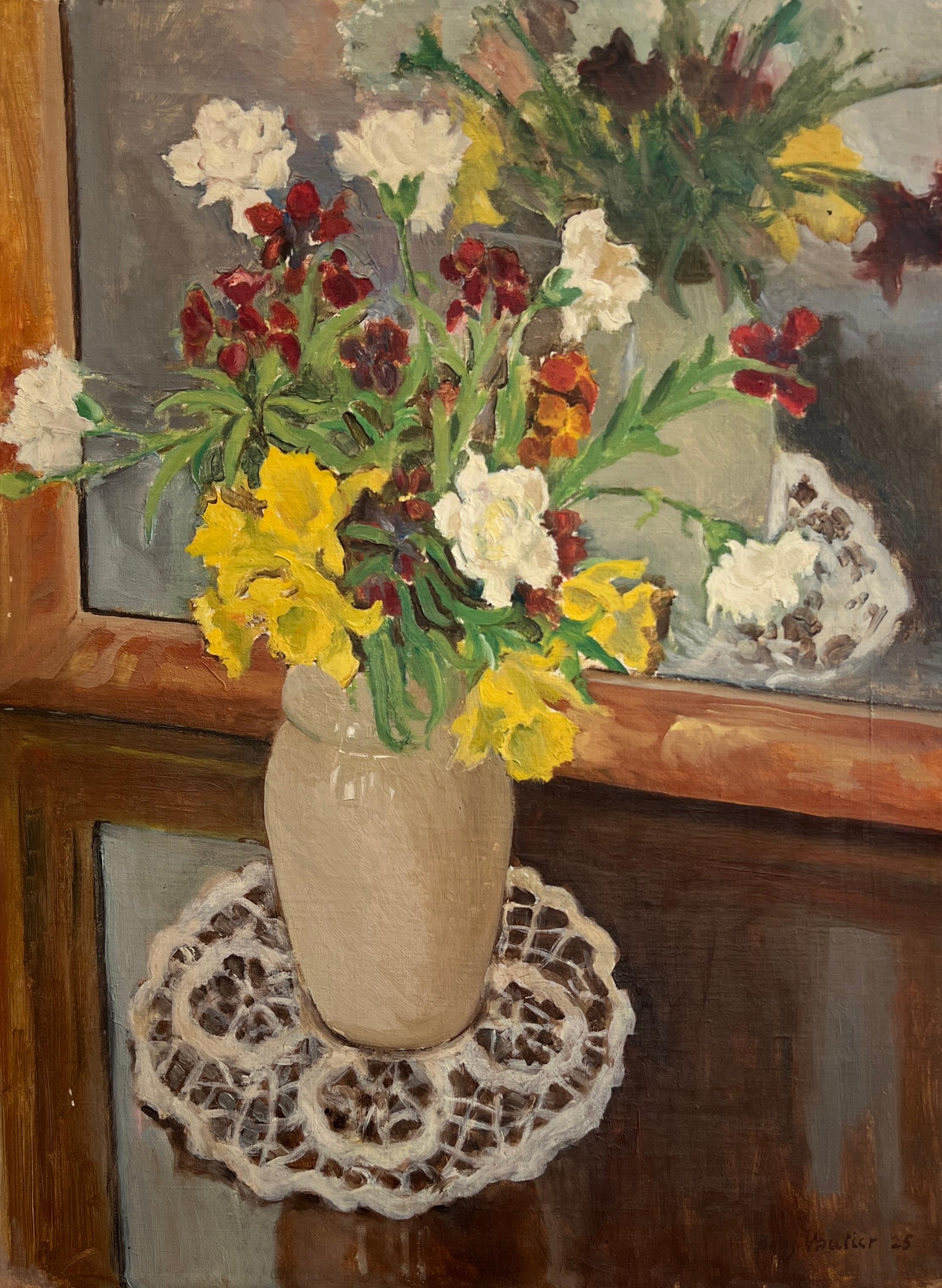 Still-Life Painting de Benjamin II Vautier - Ramo de flores sobre una blonda