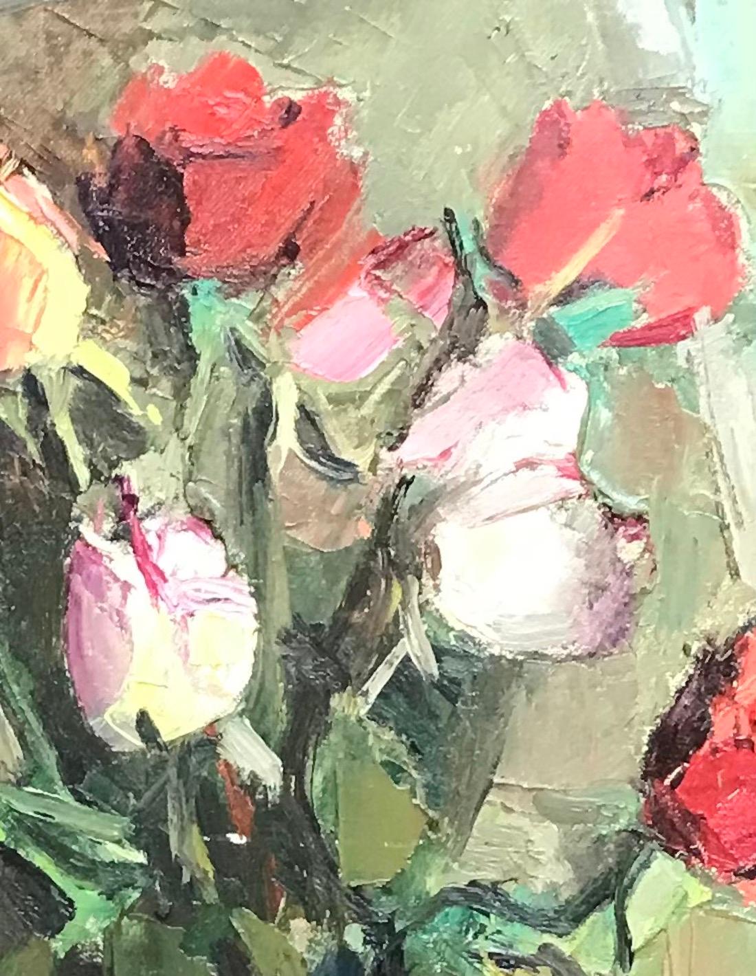 Bouquet of roses by Benjamin II Vautier - Oil on wood 30x40 cm For Sale 2