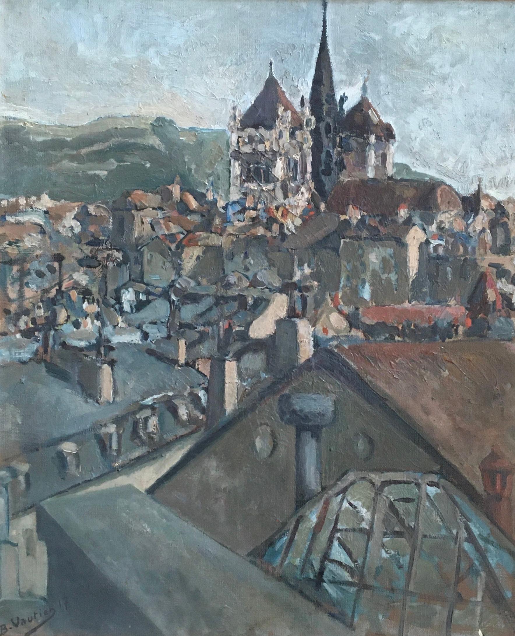 Benjamin II Vautier Landscape Painting - Cathedral Saint Pierre, Top of old town Geneva