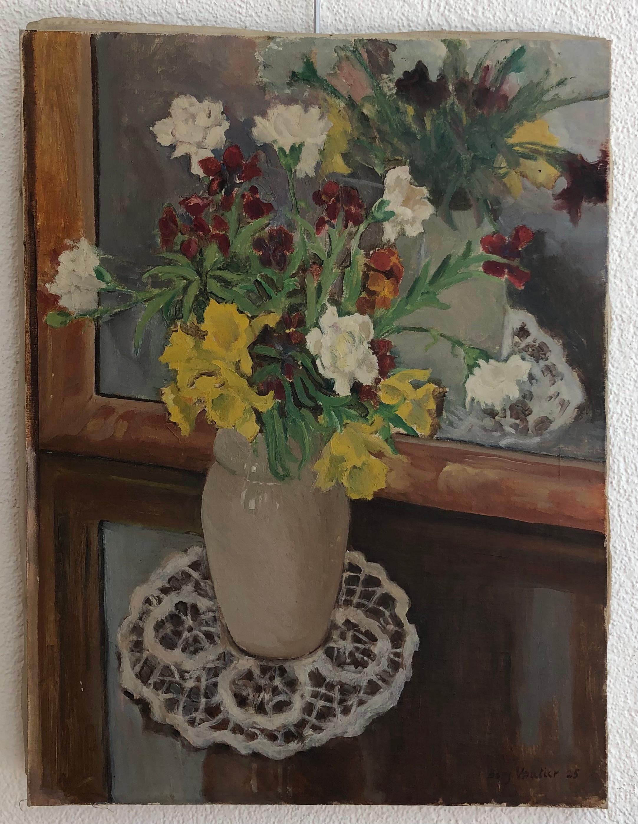 Flowers in vase with doily - Painting by Benjamin II Vautier