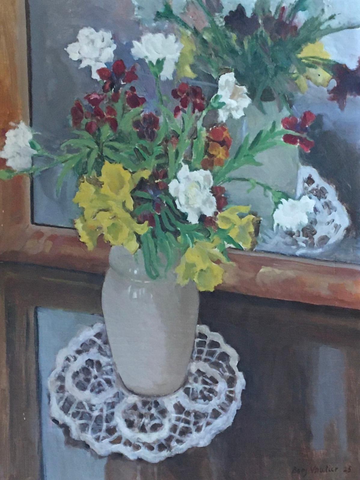Benjamin II Vautier Still-Life Painting - Flowers in vase with doily