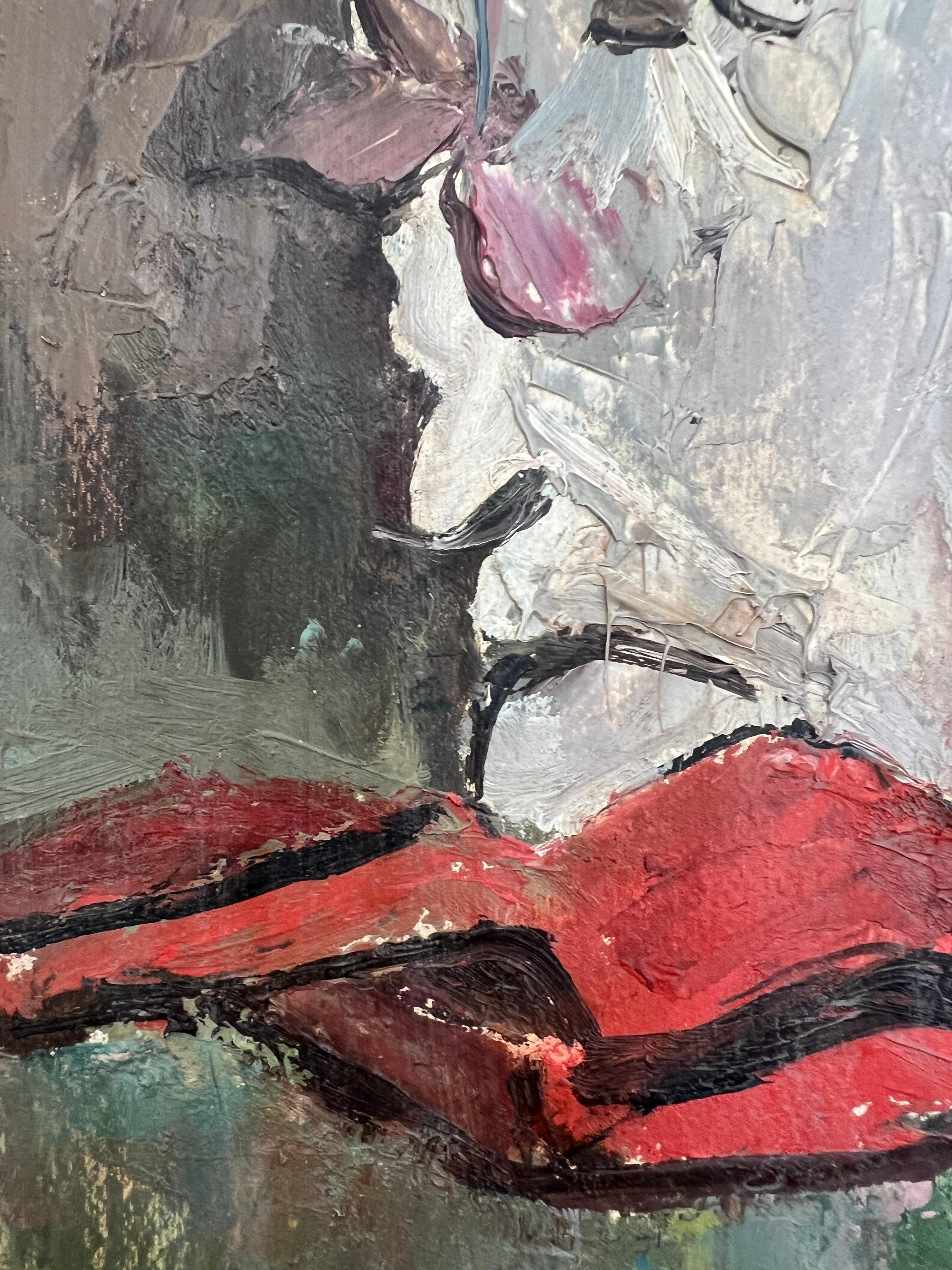 Lavora su cartone
Telaio in legno grigio
52 x 44 x 5,5 cm


Quest'opera d'arte è una sorprendente natura morta in cui la vivacità dei colori e la consistenza espressiva sono in primo piano. Il dipinto presenta un vaso delicatamente intagliato,