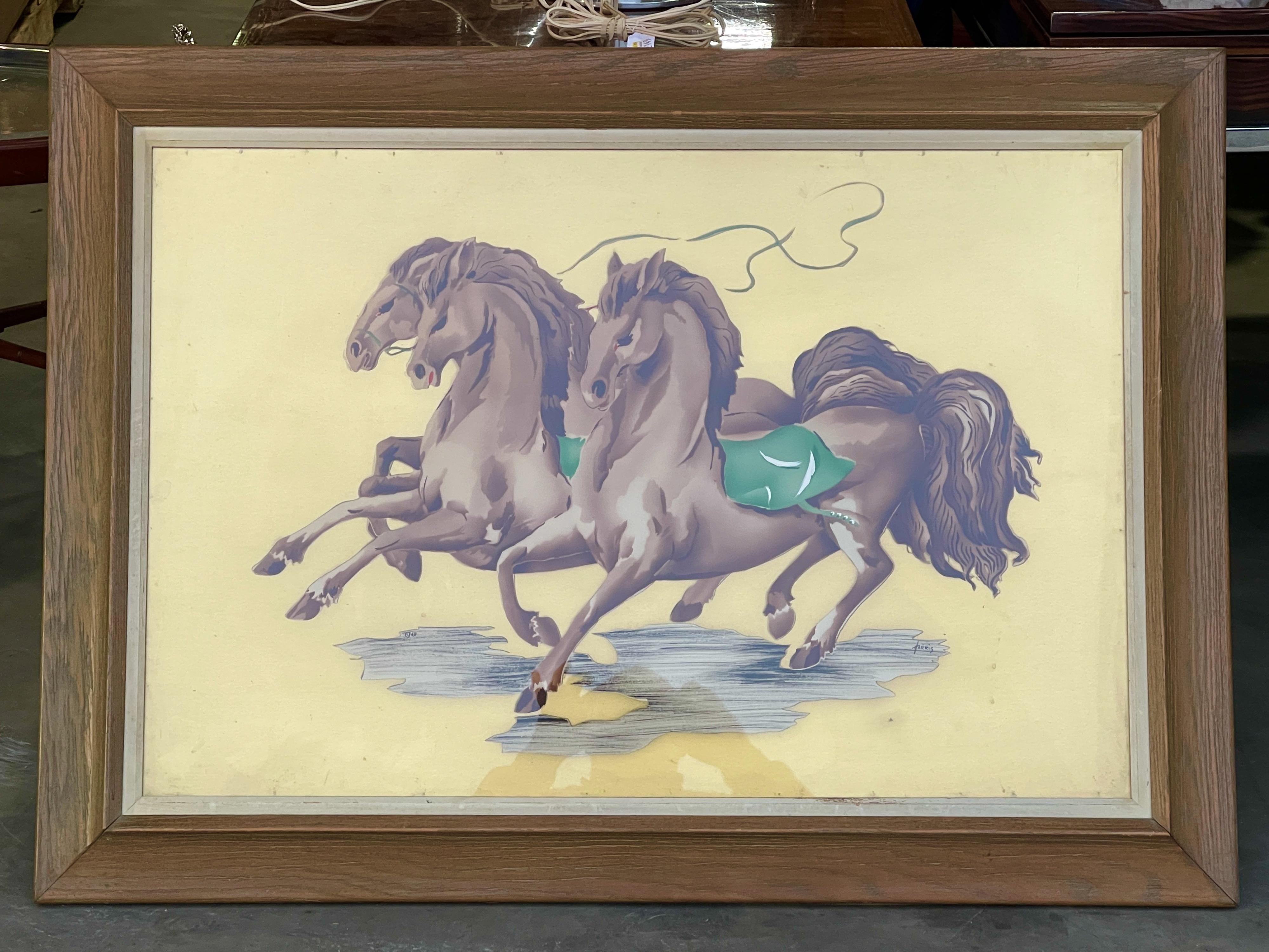 Galloping Horses, airbrushed watercolor by Benjamin Jorj Harris (American, 1904-1957) for Newman Decor.
Dimensions shown are for frame. Sight: 35.5 inches by 23.5 inches.
“Ben Jorj Harris” is actually the nom de brosse of the combined talents of