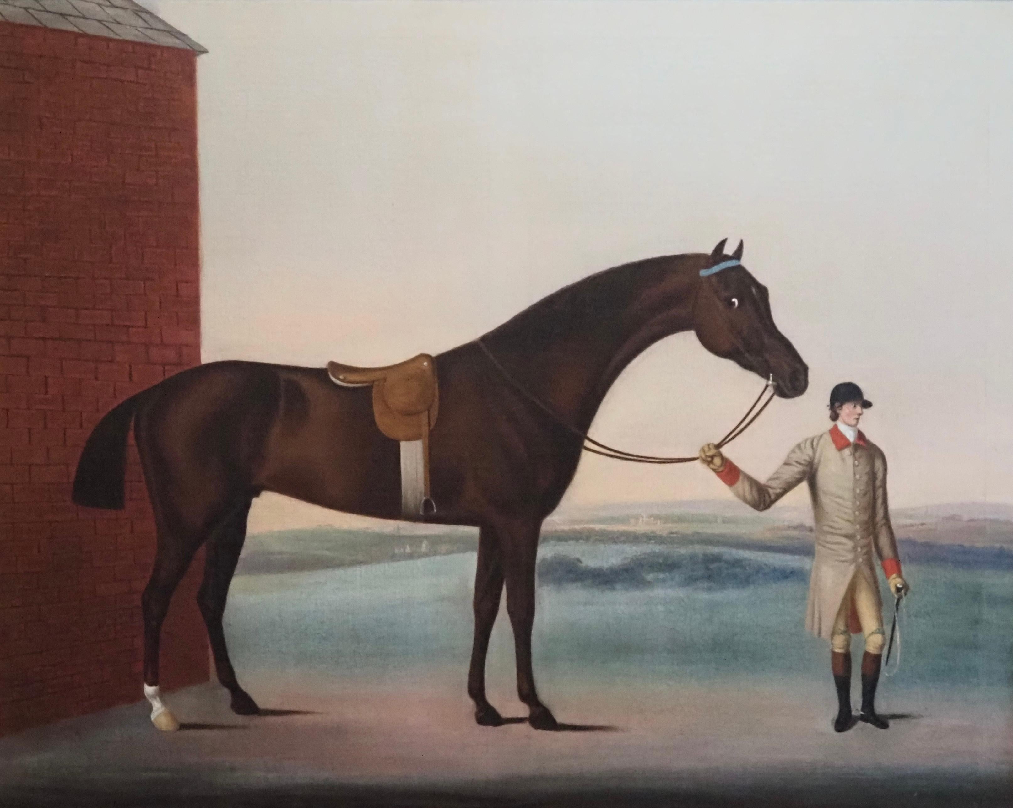 A dark bay racehorse held by his trainer at Newmarket Heath - Painting by Benjamin Killingbeck