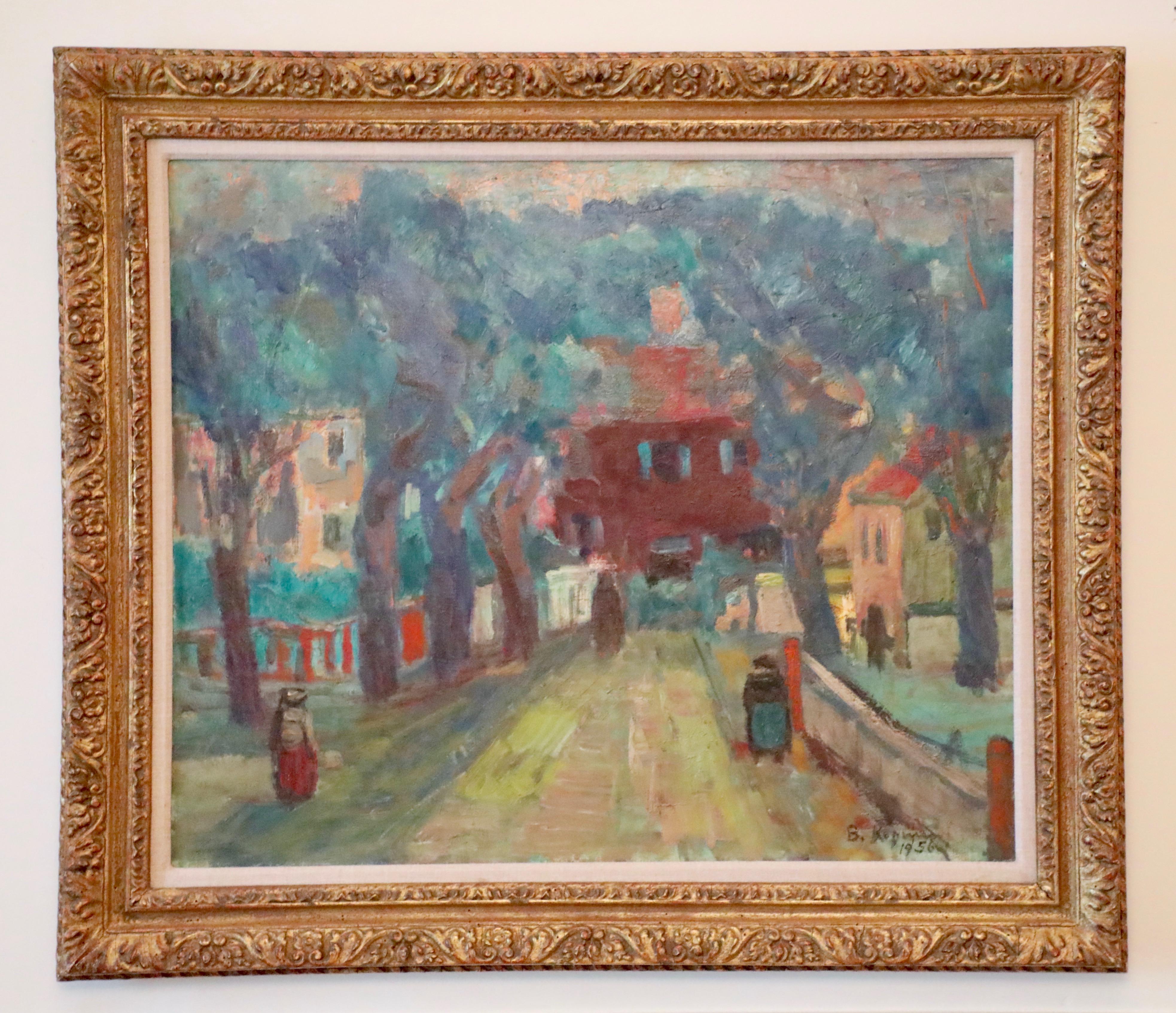This is a large impressionistic street scene of Far Rockaway, Queens rendered in deep, vivid colors in an oil on canvas by the artist Benjamin Kopman. This was purchased at auction from a decommissioning of works by the Amity Arts Foundation and is
