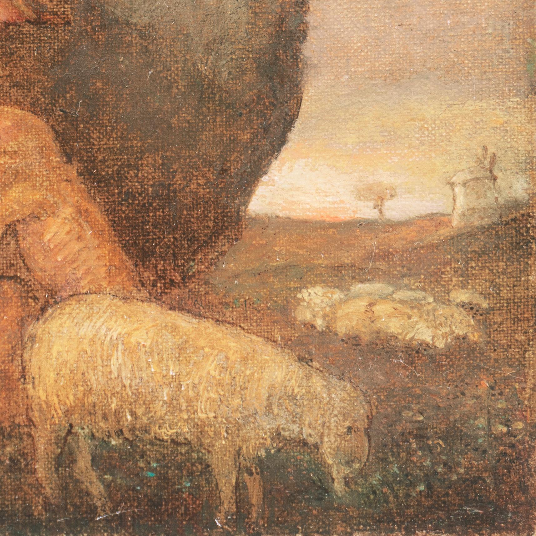 WPA Symbolist Figural Oil 'The Shepherd's Twilight Song' in Carrig-Rohane Frame - Brown Landscape Painting by Benjamin Kopman