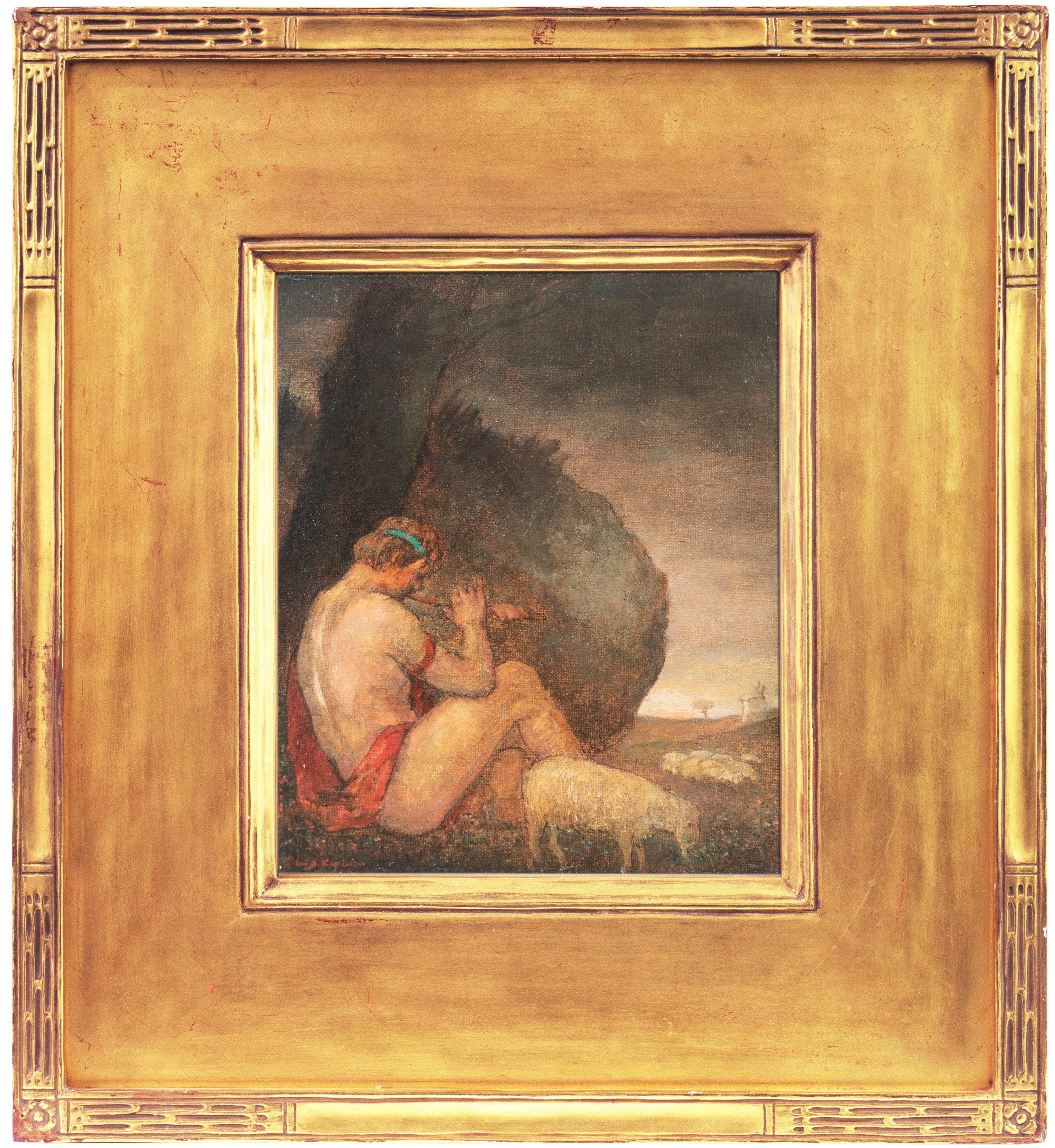 Benjamin Kopman Landscape Painting - WPA Symbolist Figural Oil 'The Shepherd's Twilight Song' in Carrig-Rohane Frame