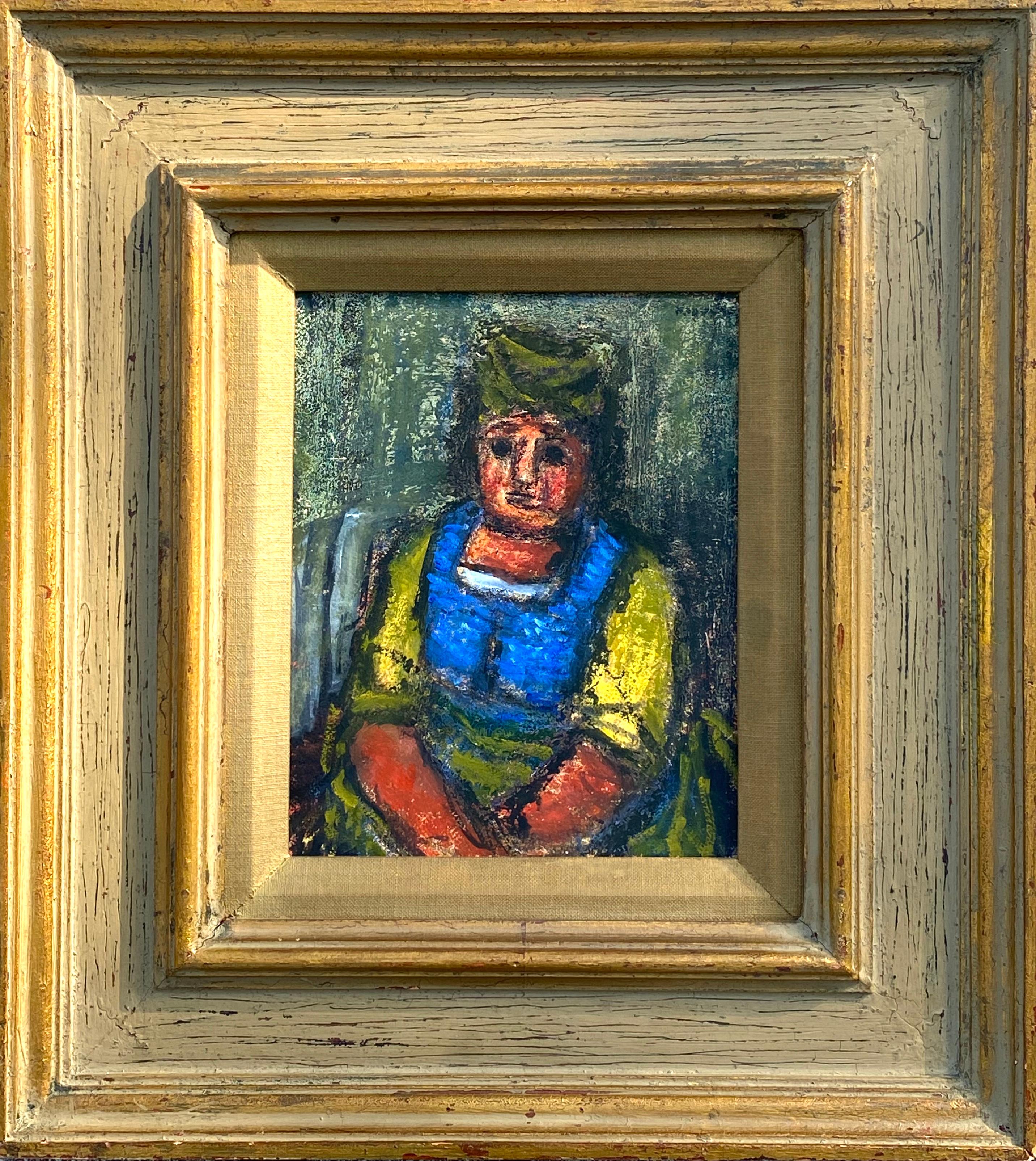 “Woman in Blue and Yellow” - Gray Portrait Painting by Benjamin Kopman