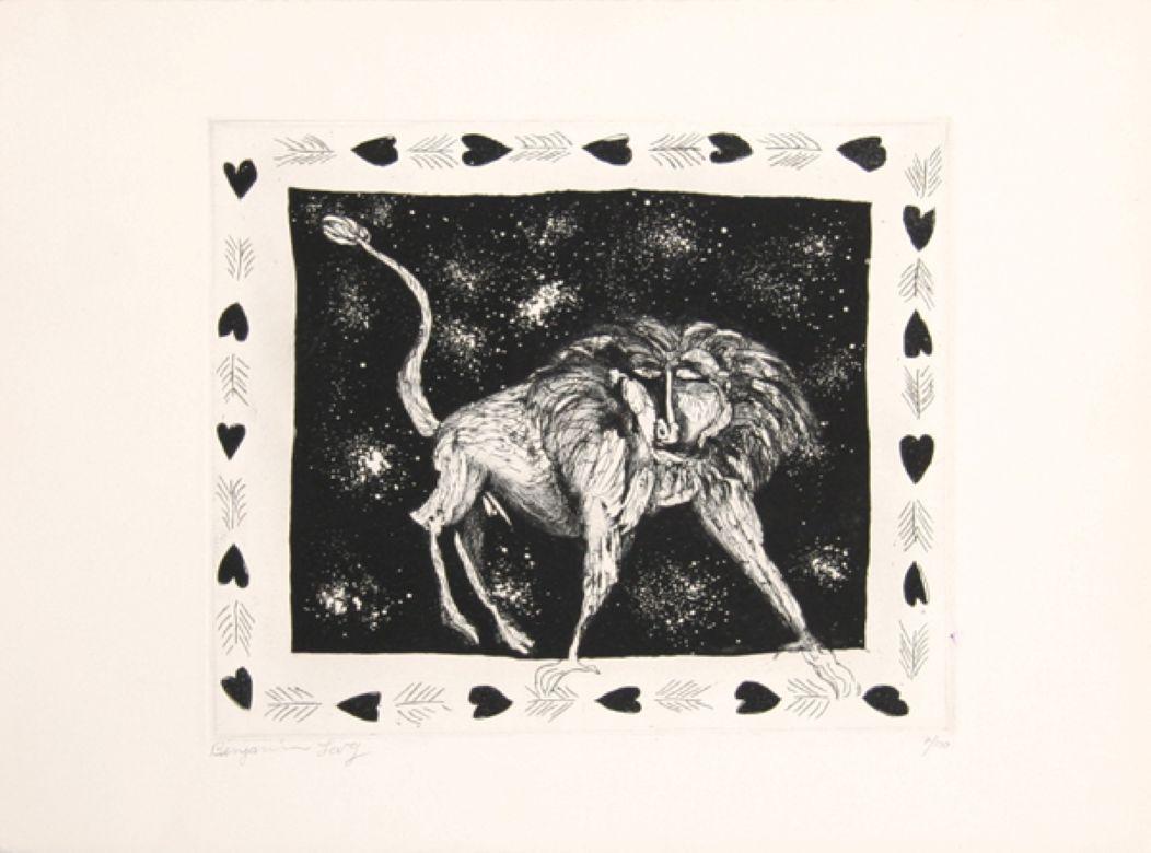 Lion

Benjamin Levy
Israeli/American (1940)

Date: Circa 1965
Etching and Aquatint, Signed and Numbered in Pencil
Edition of 100
Size: 11 x 15 in. (27.94 x 38.1 cm)