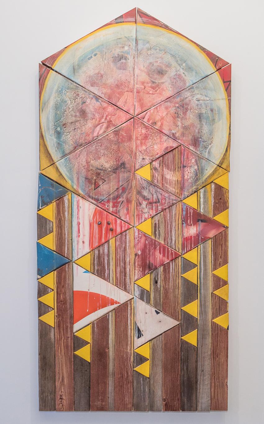 Benjamin Lowder Abstract Painting - "Sun and Moon Download", Contemporary Mixed Media Wall Art with Reclaimed Wood