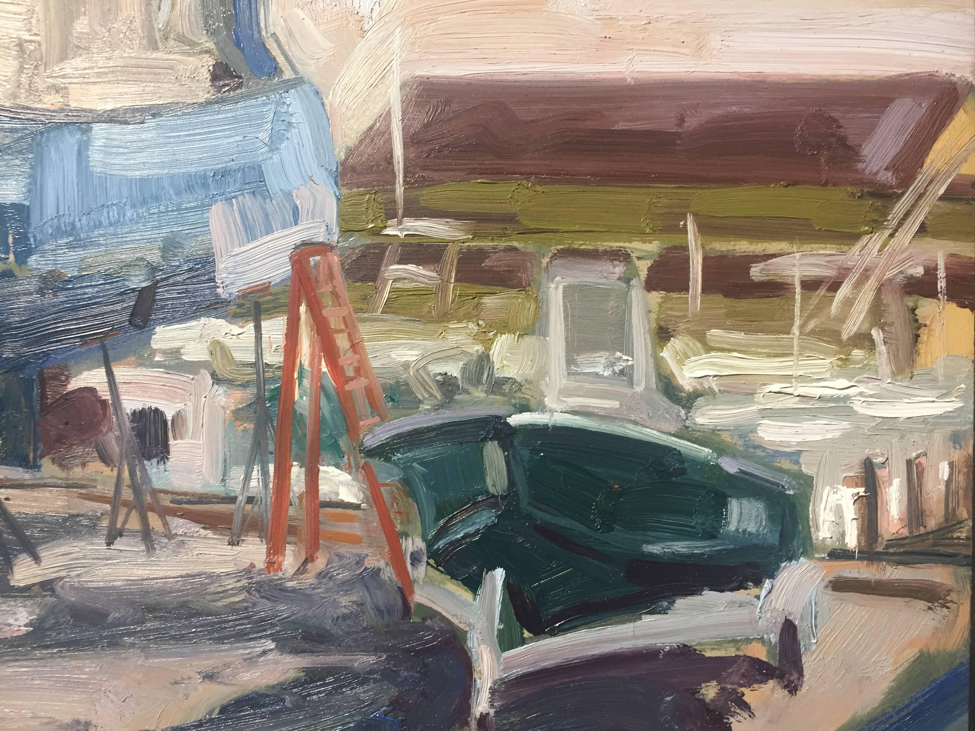 Painted en plein air in Montauk, New York. A blue fishing boat is propped up on pegs for grooming, in a shipyard. The sky a cloudy pale blue. Brushstrokes are thick and geometric. 

A Bachelor or philosophy in Russian Literature and Language,