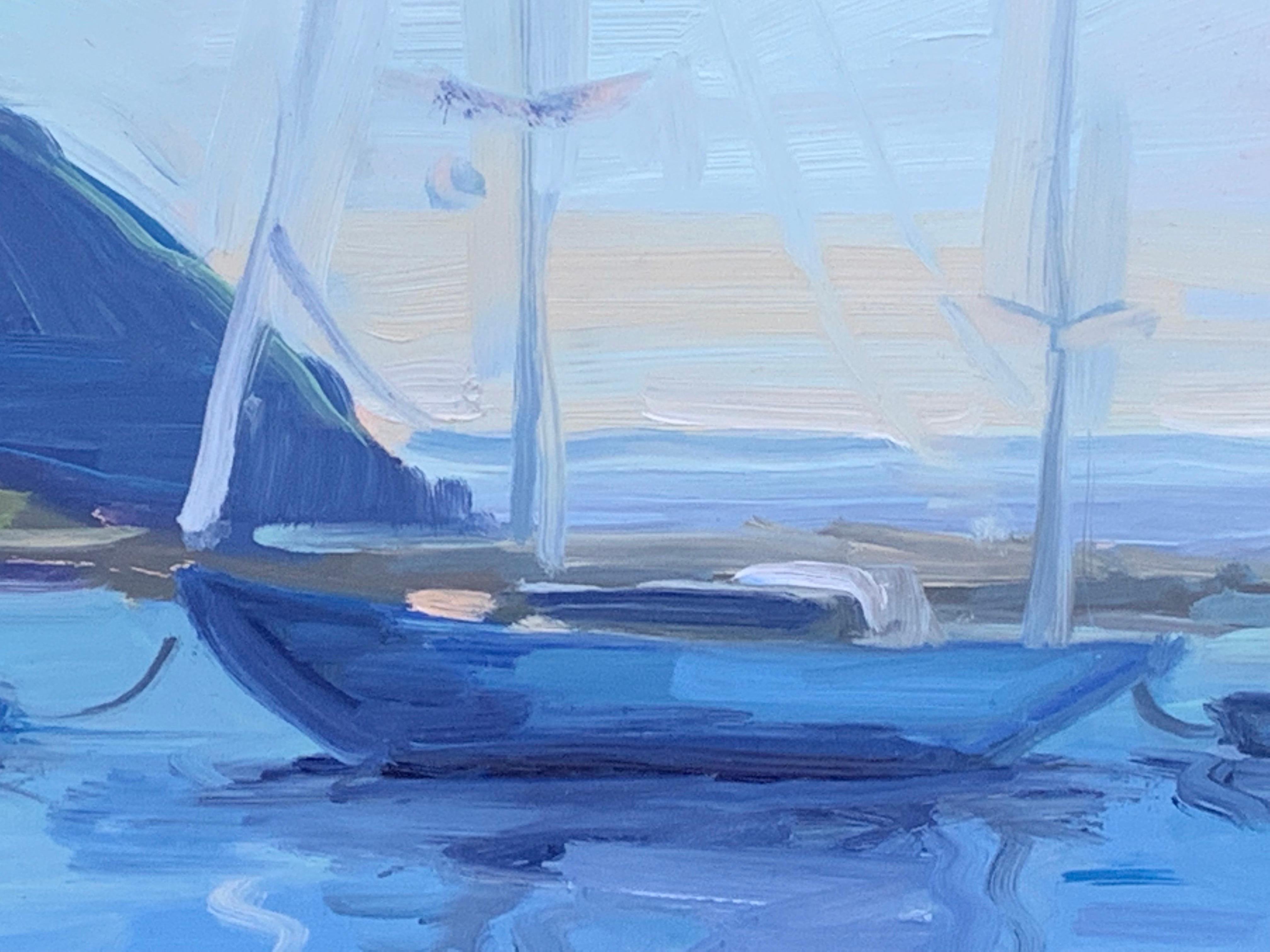 Puerto tranquilo - Landscape Painting Gris de Benjamin Lussier