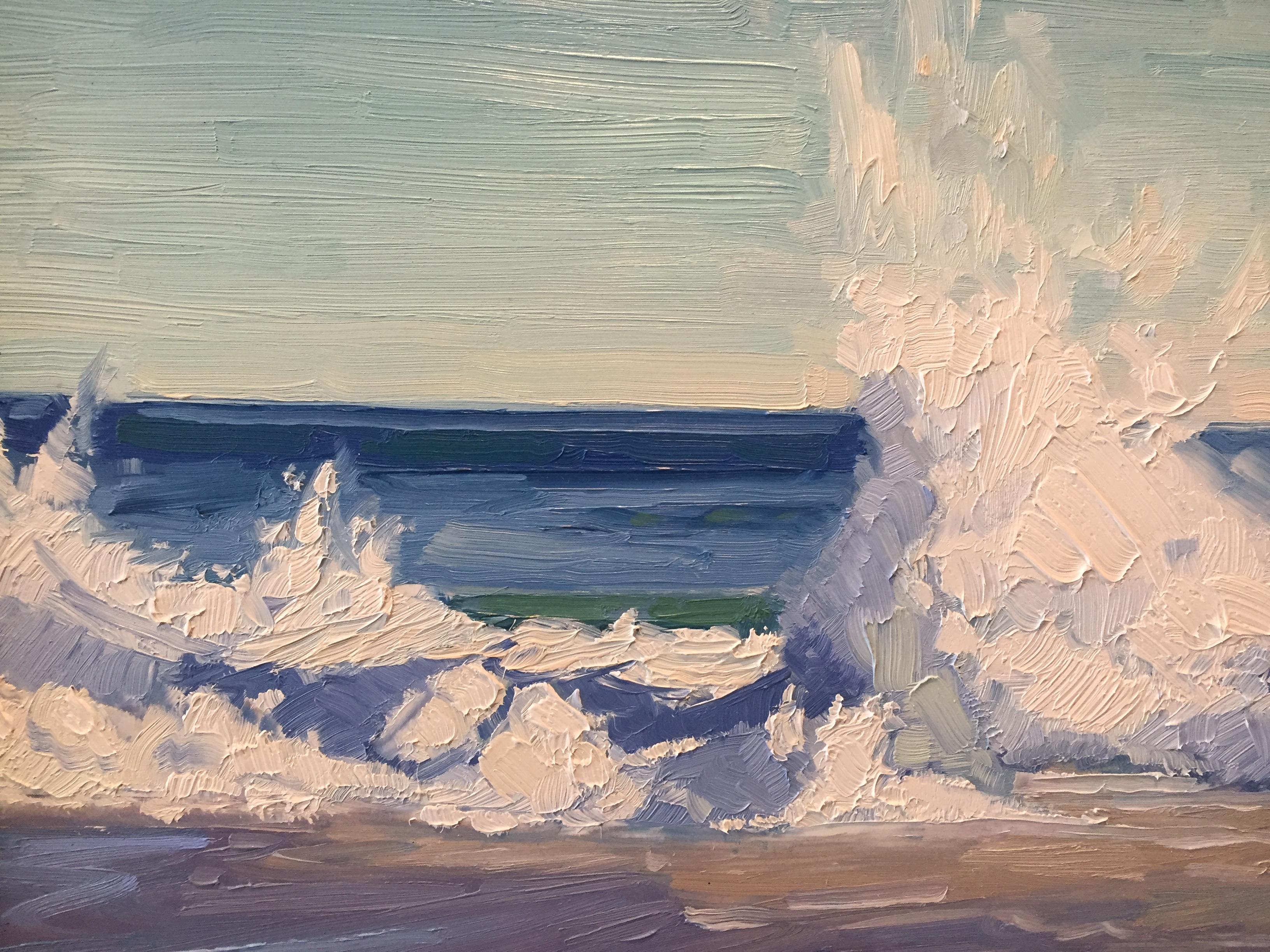 An oil painting of the ocean breaking onto shore. Painted en plein air in Sagaponack, NY.  

22 x 26 inches framed.

Benjamin Lussier is a landscape painter based in New York City. Lussier discovered his love for painting at an early age through the
