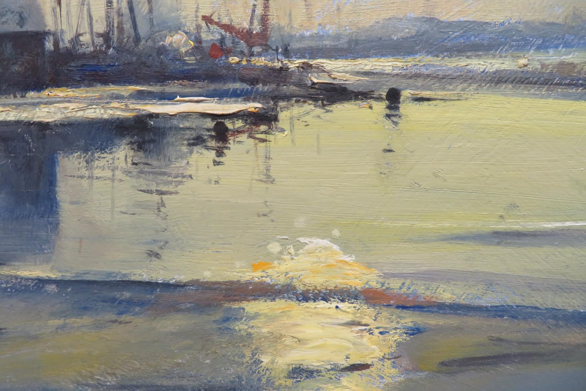Gran óleo original de la Marina inglesa postimpresionista - Atardecer en el arroyo - Painting de Benjamin Mowll