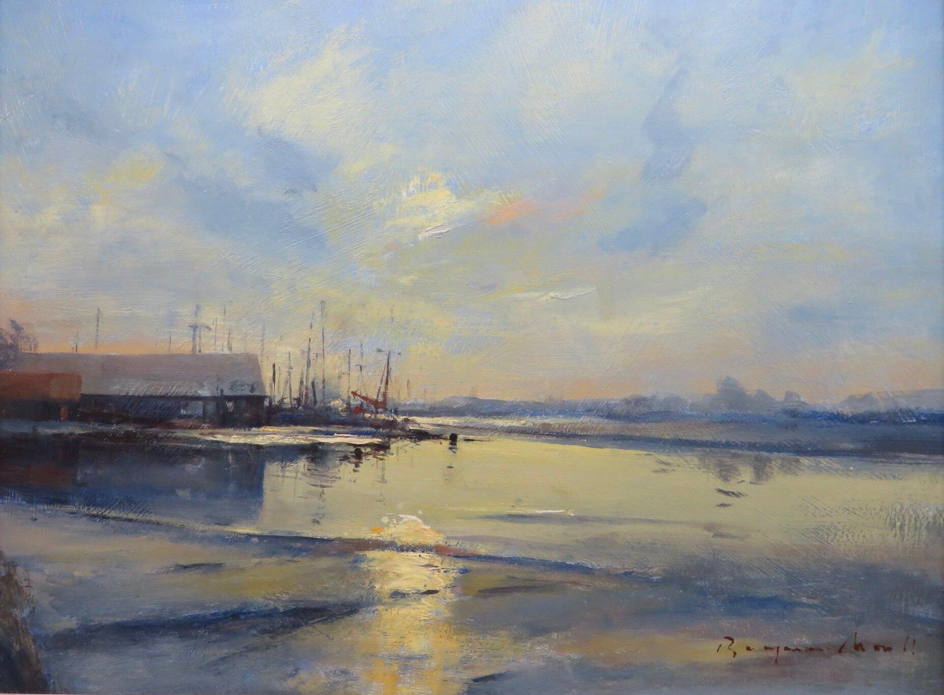 Gran óleo original de la Marina inglesa postimpresionista - Atardecer en el arroyo - Painting Posimpresionista de Benjamin Mowll