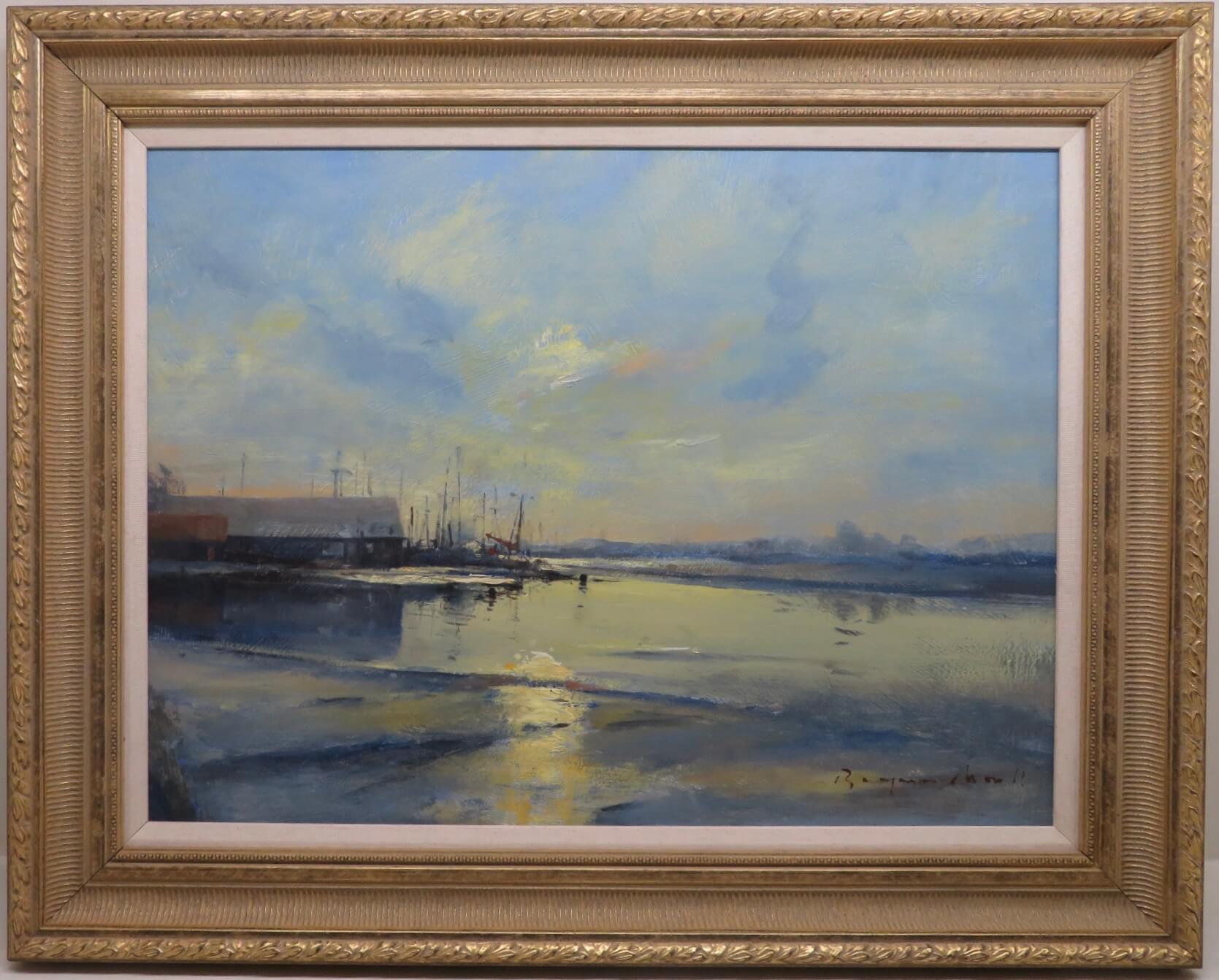 Landscape Painting de Benjamin Mowll - Gran óleo original de la Marina inglesa postimpresionista - Atardecer en el arroyo