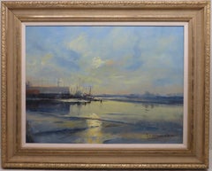 Original large English post impressionist Marine oil painting -Dusk On The Creek