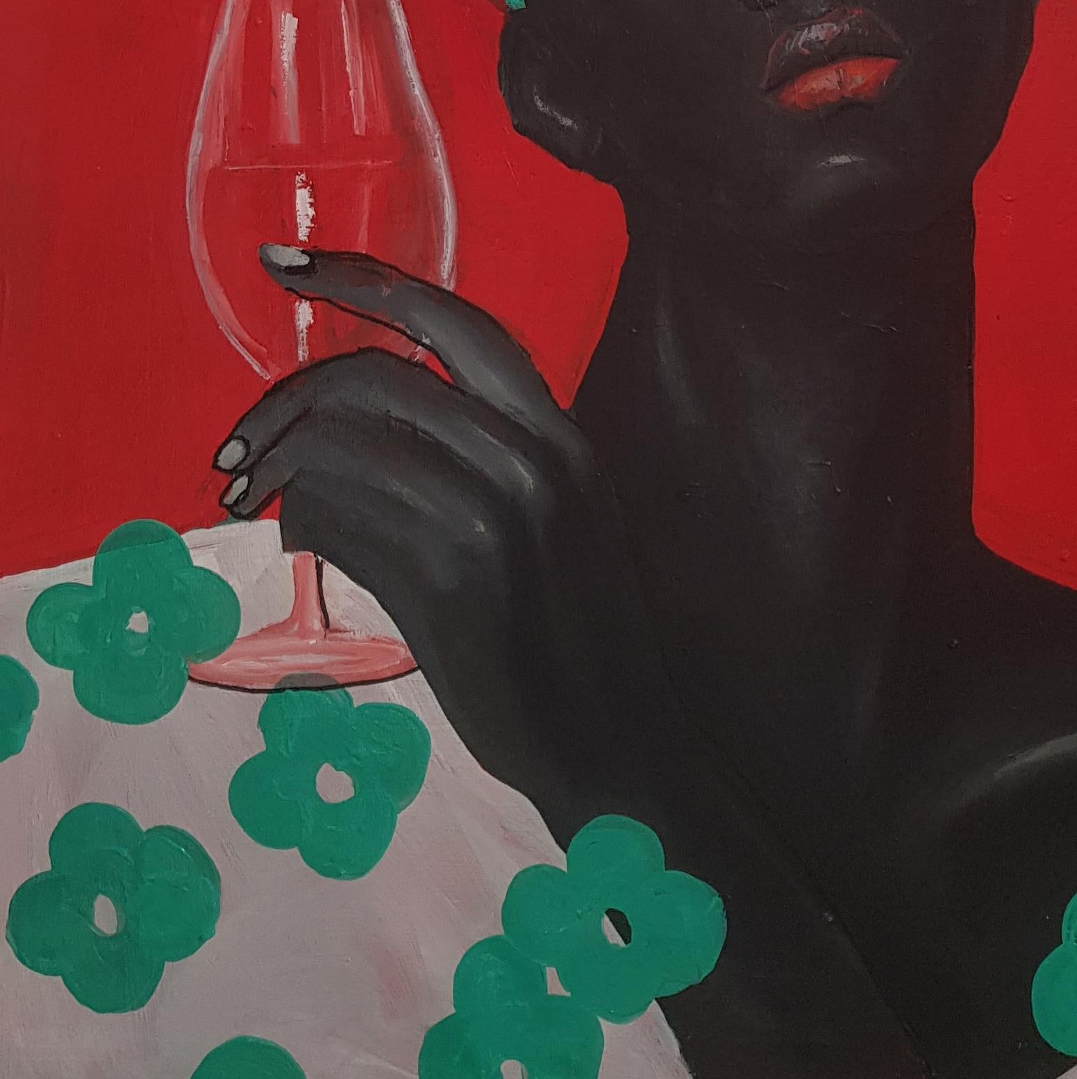 A Little Wine - Red Figurative Painting by Benjamin Olatunji