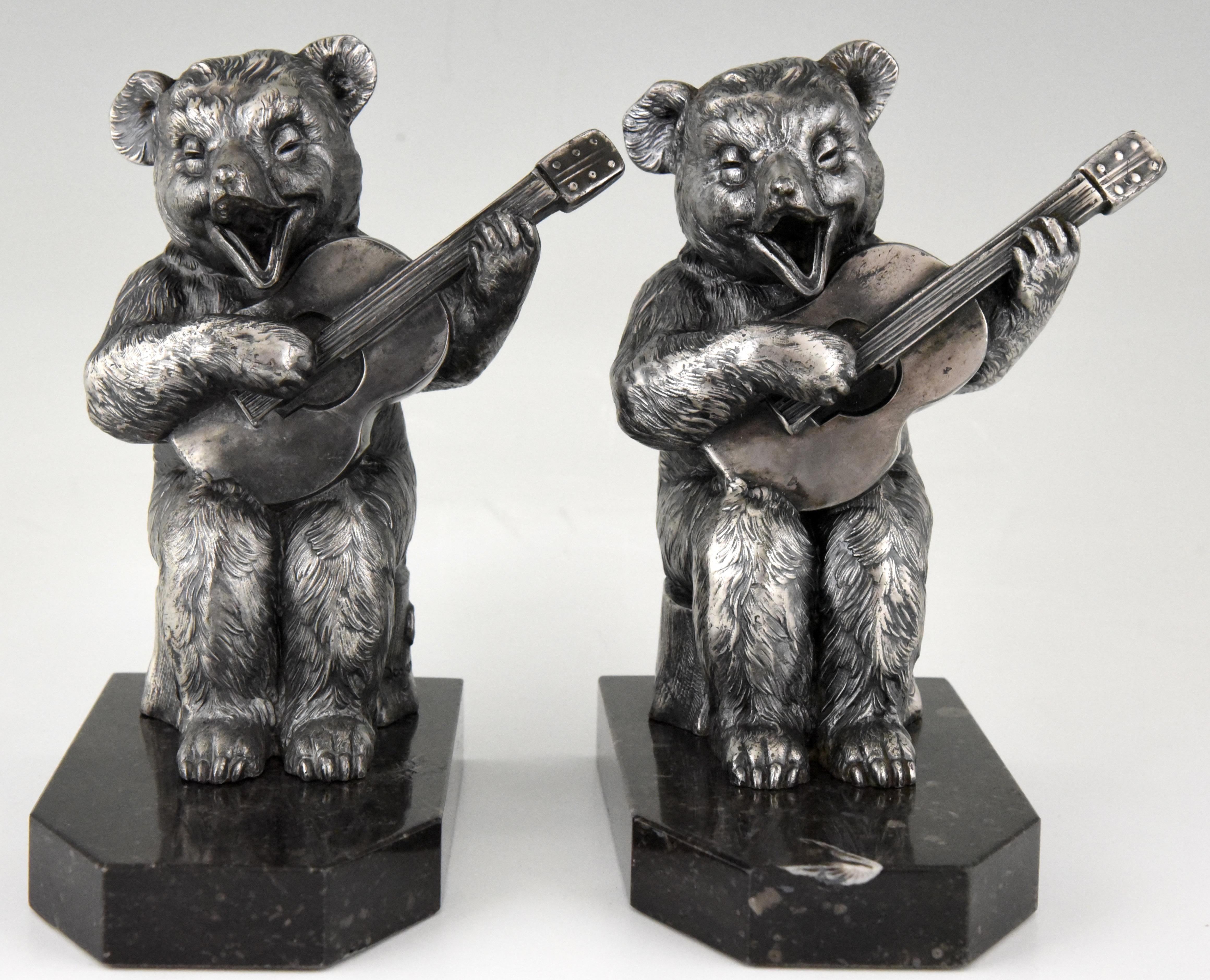 French Benjamin Rabier Art Deco Bookends Bear with Guitar  France 1930
