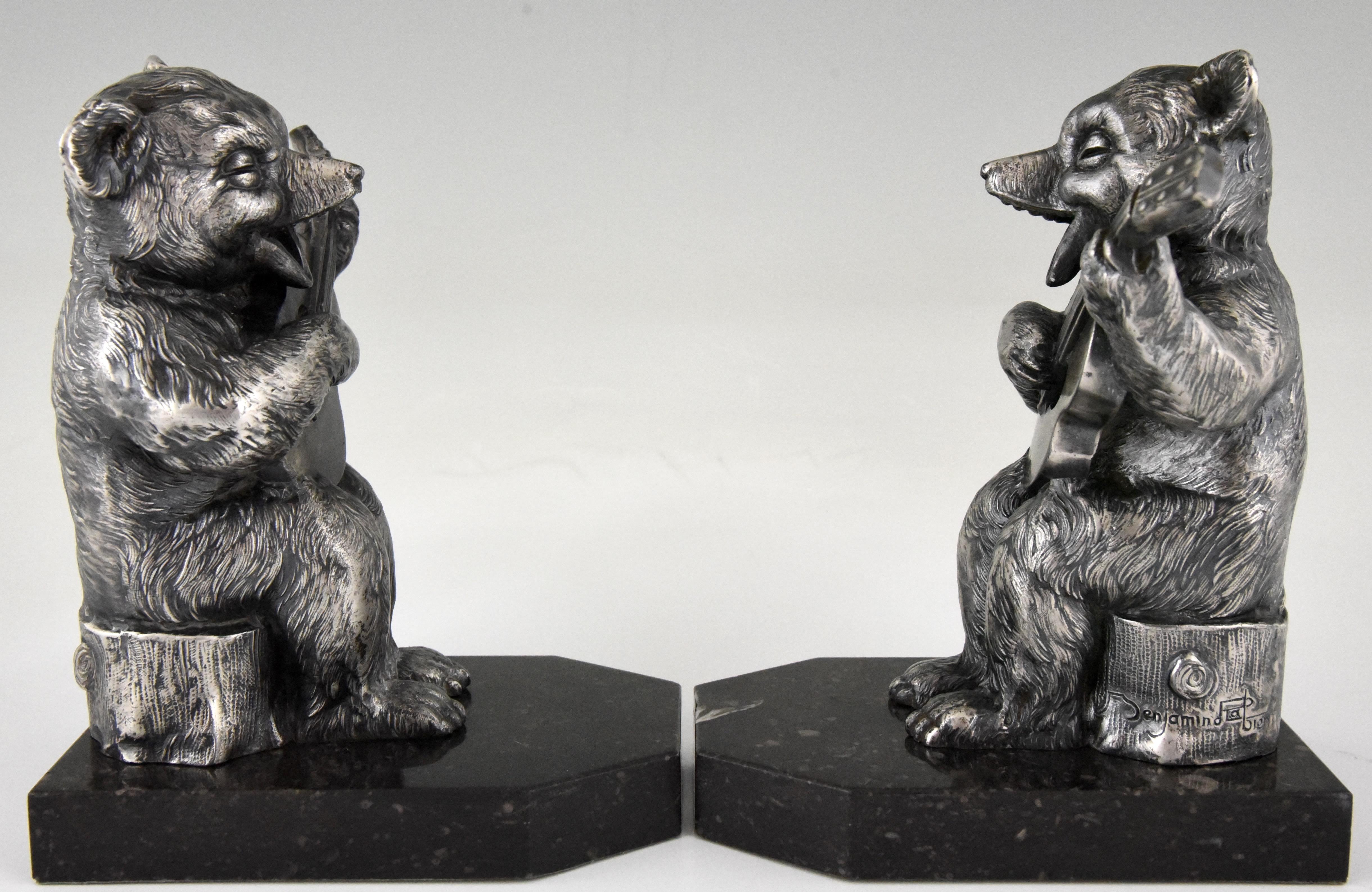 Patinated Benjamin Rabier Art Deco Bookends Bear with Guitar  France 1930