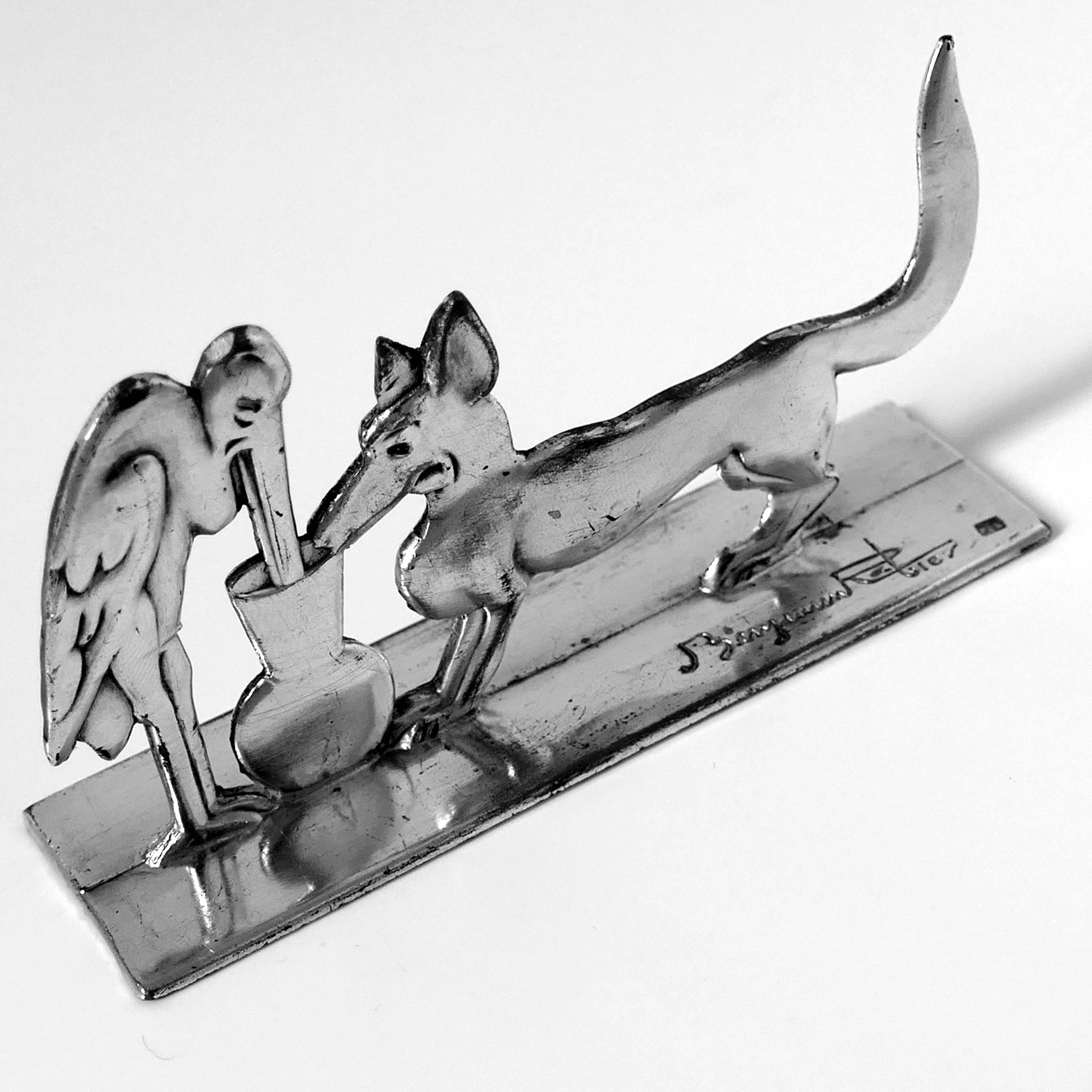 Français Rare porte-couteaux en argent français de 6 pièces signés Benjamin Rabier, La Fontaine''s Fables